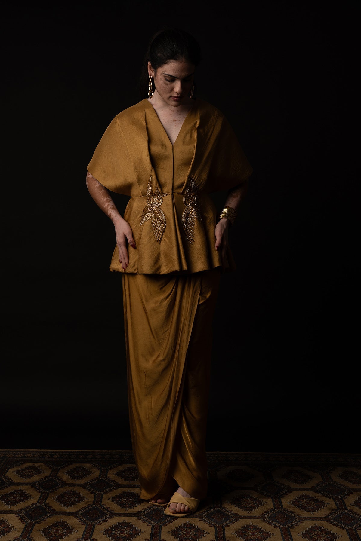 Buy Beige Peplum Top & Drape Skirt by Krishnamani for Women online at ScrollnShops