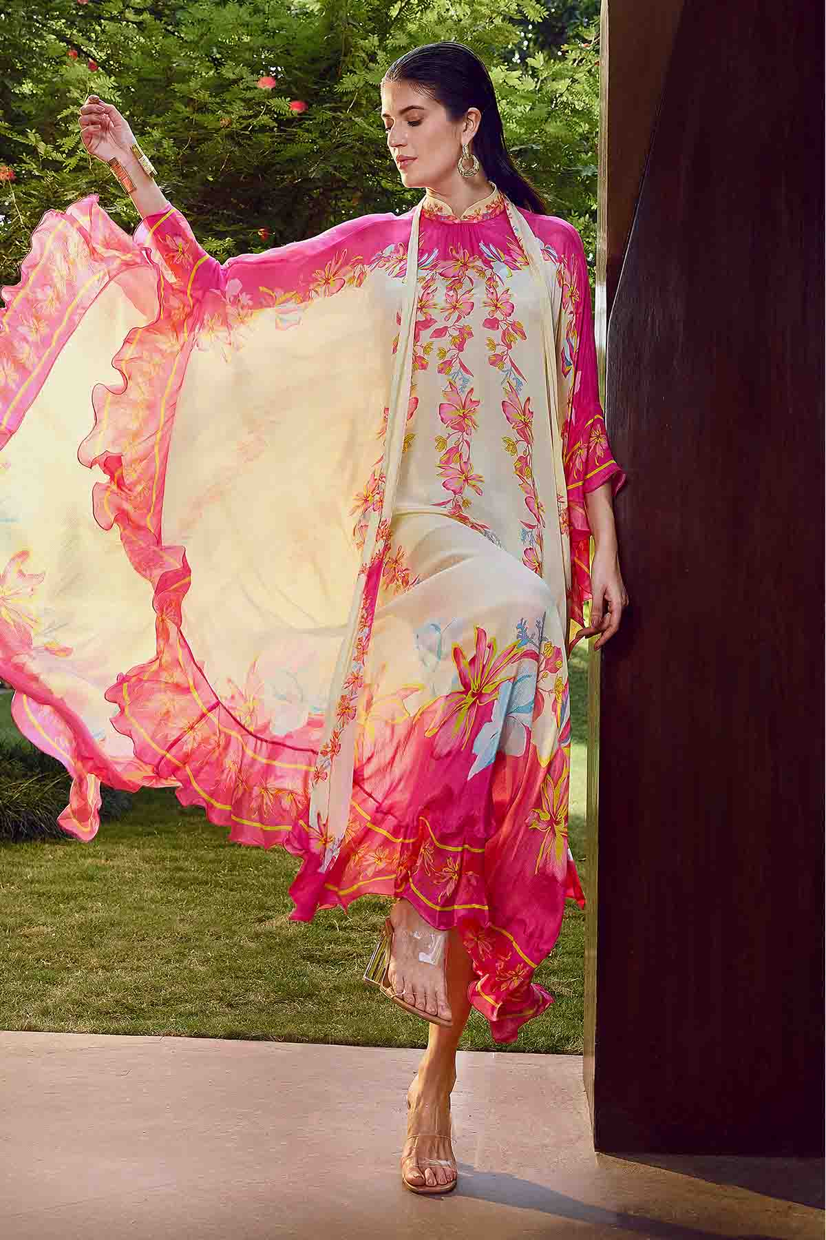 Beige & Pink Print Ruffle Kaftan