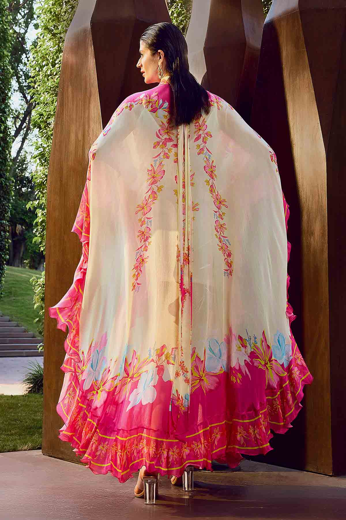 Beige & Pink Print Ruffle Kaftan