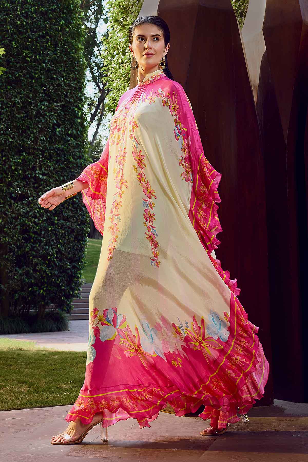 Beige & Pink Print Ruffle Kaftan