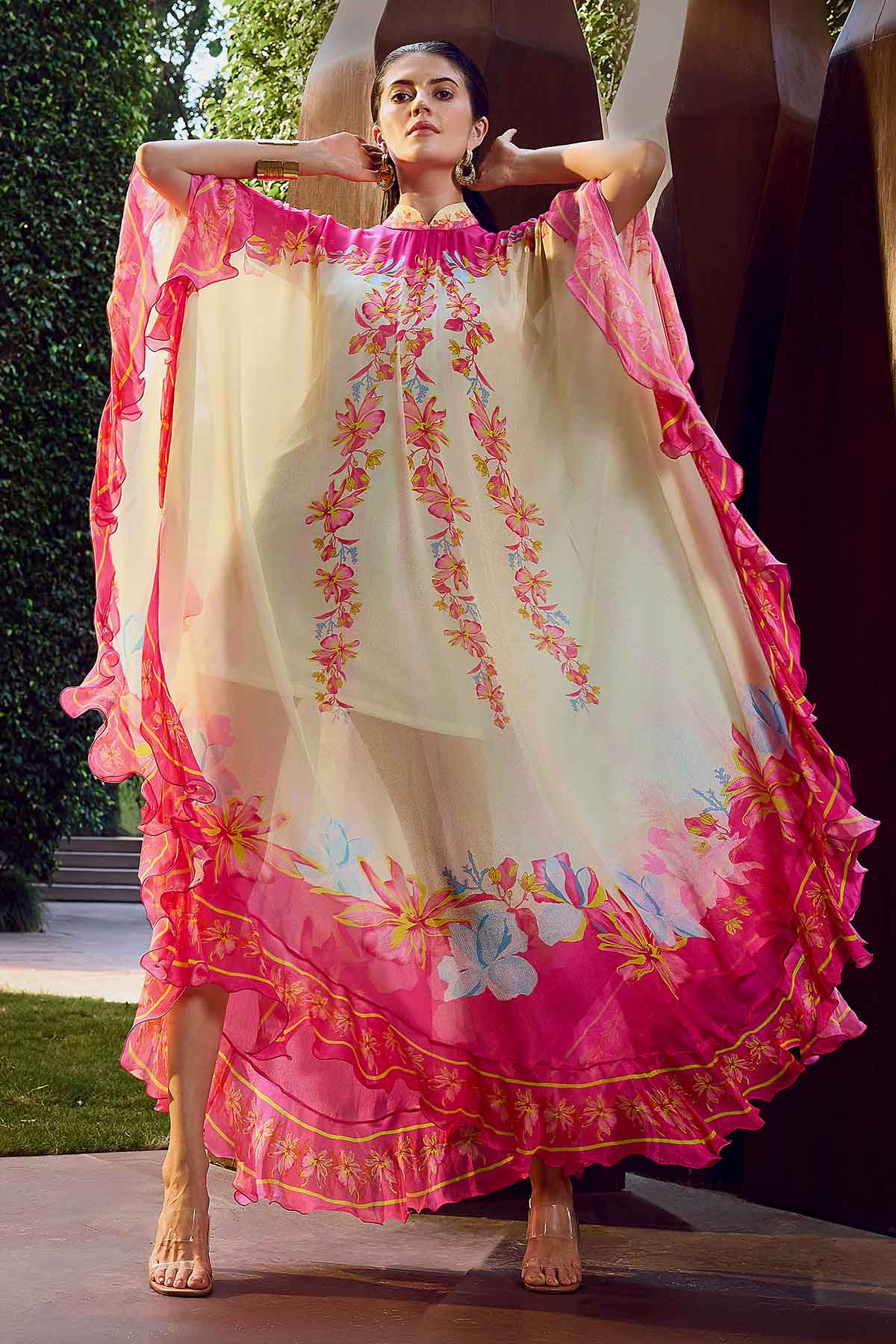 Buy Beige & Pink Print Ruffle Kaftan by Mandira Wirk