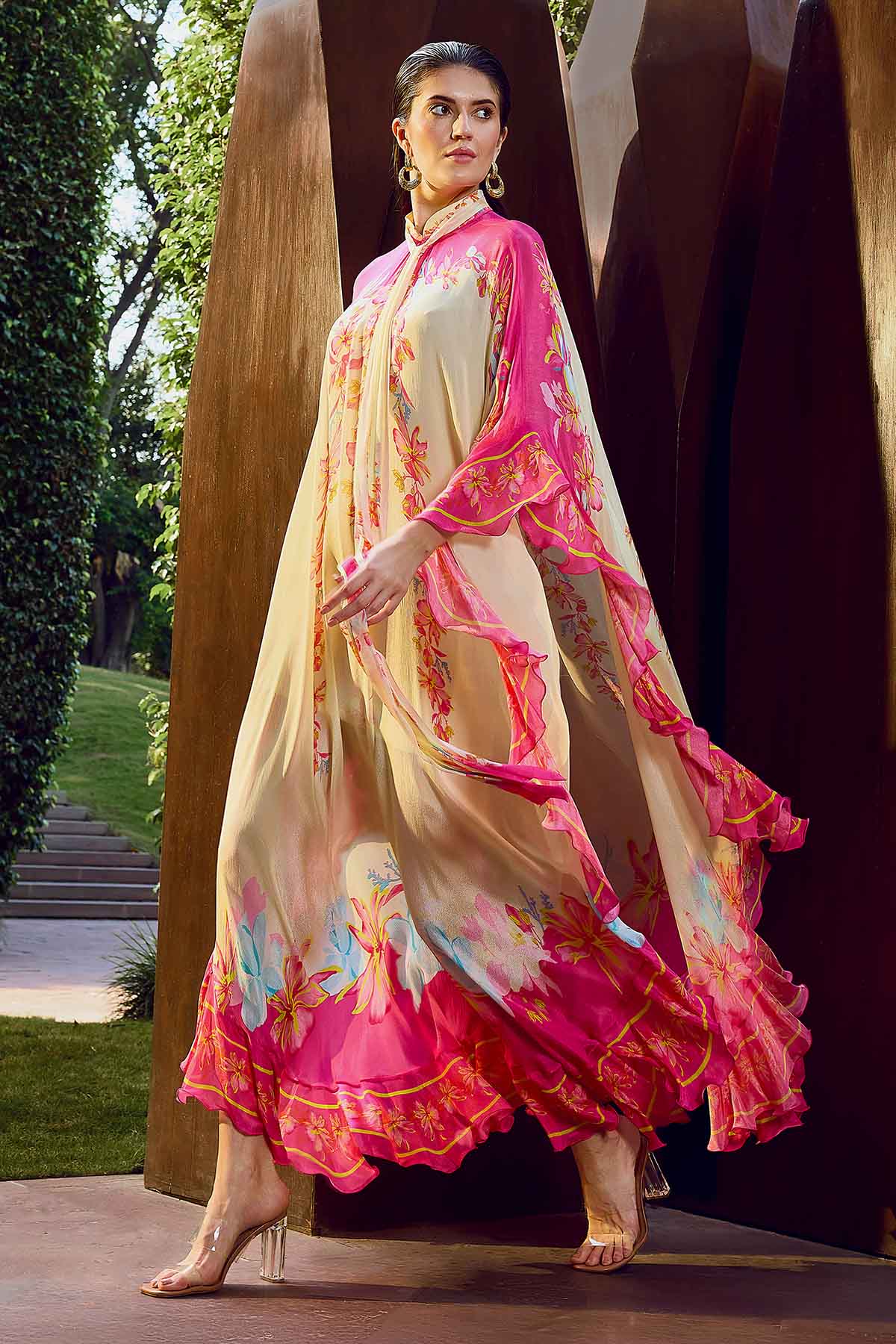 Beige & Pink Print Ruffle Kaftan