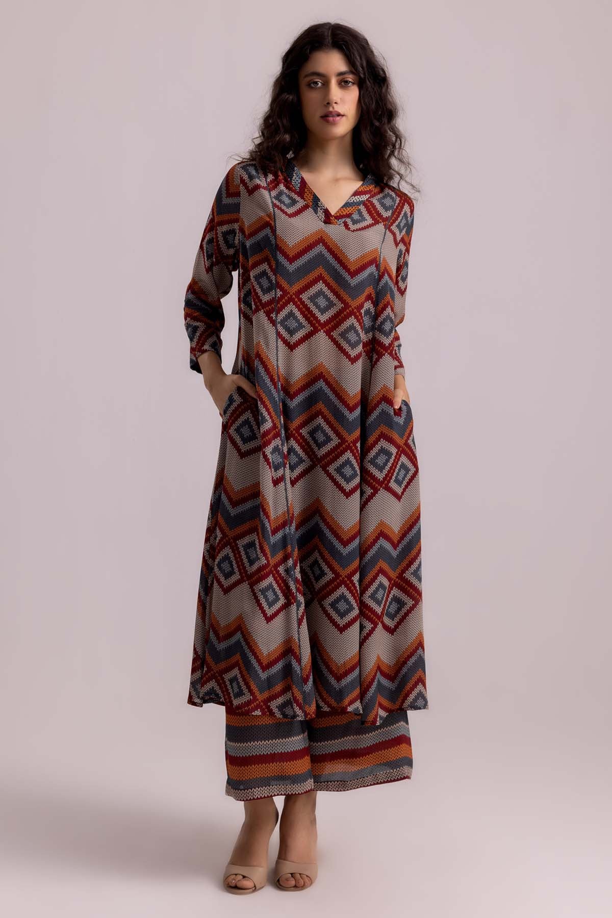 Buy Designer Beige Pintuck V-Neck Kurta Set Online at ScrollnShops