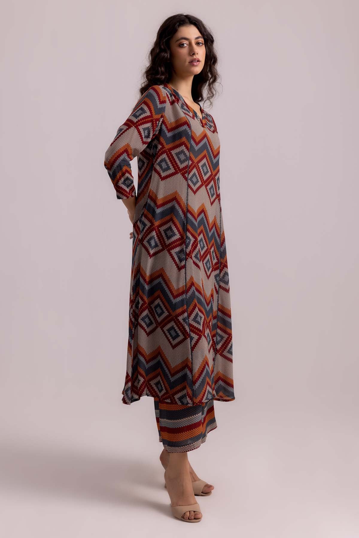 Beige Pintuck V-Neck Kurta Set