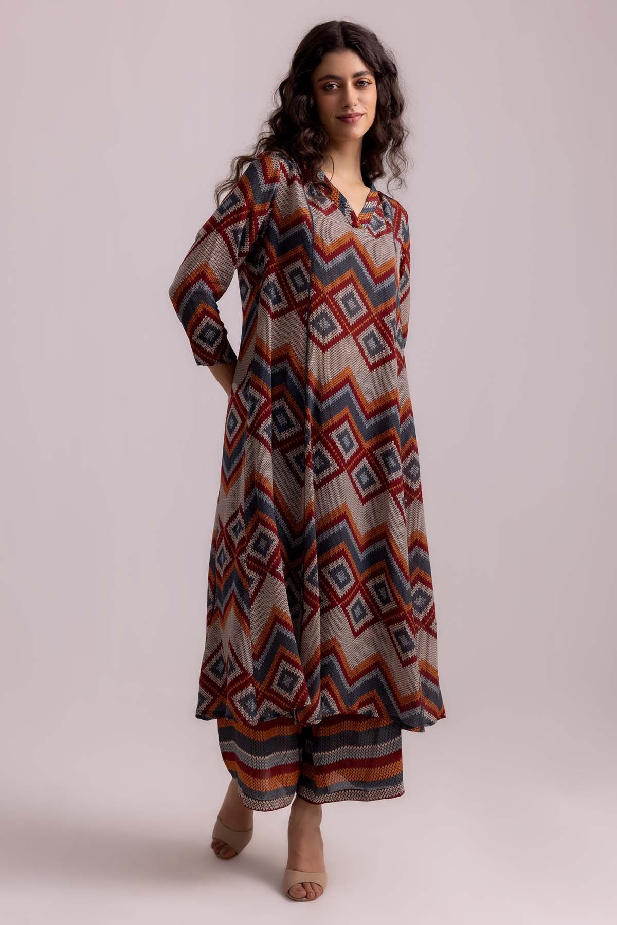 Beige Pintuck V-Neck Kurta Set