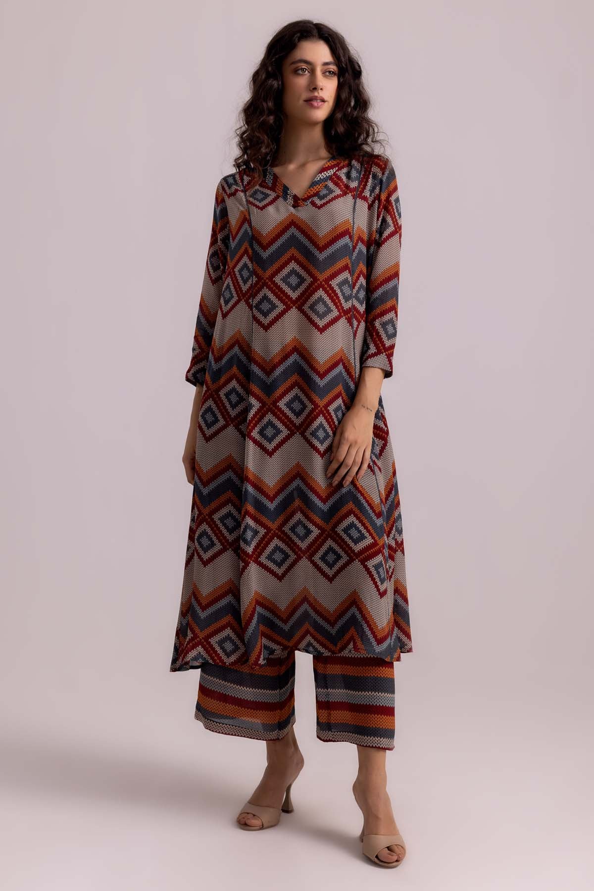 Beige Pintuck V-Neck Kurta Set