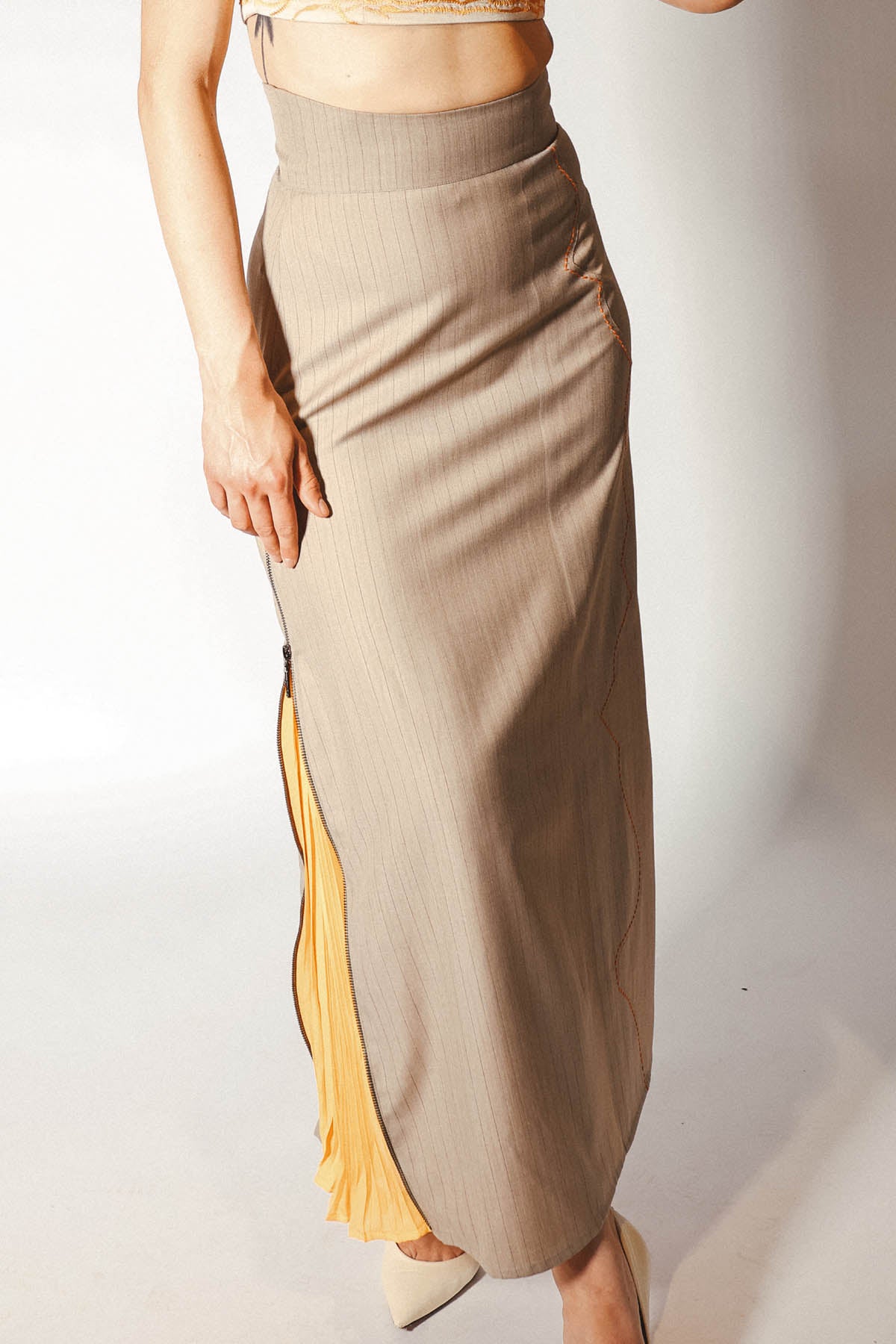 Beige Pleated Embroidered Skirt