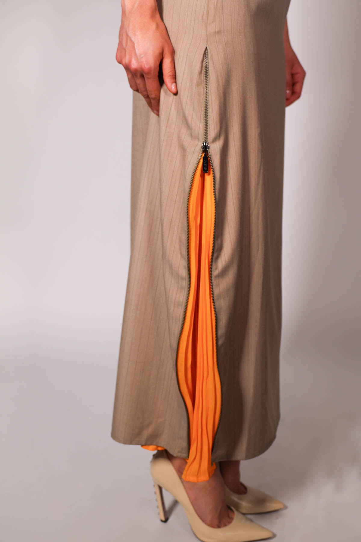 Beige Pleated Embroidered Skirt