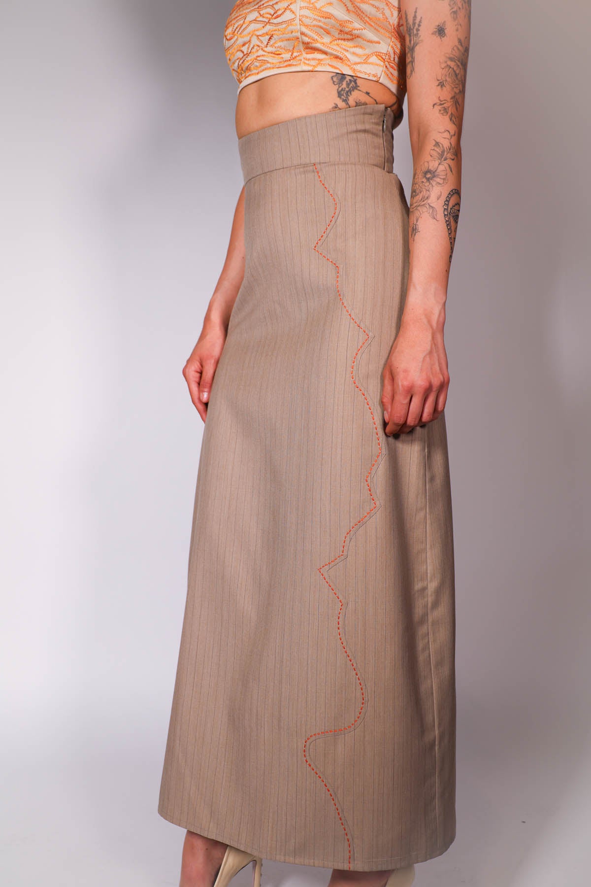 Beige Pleated Embroidered Skirt