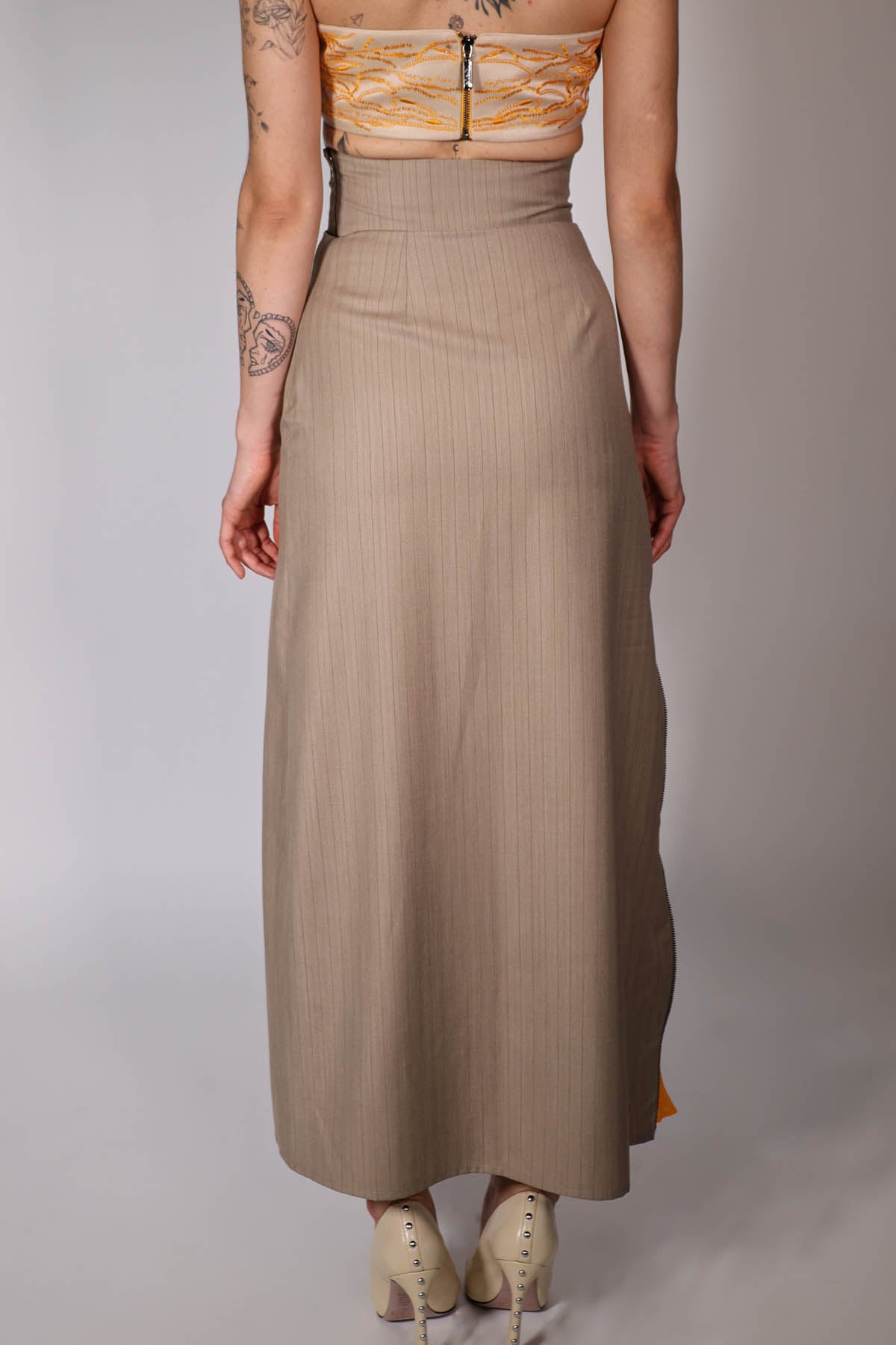 Beige Pleated Embroidered Skirt
