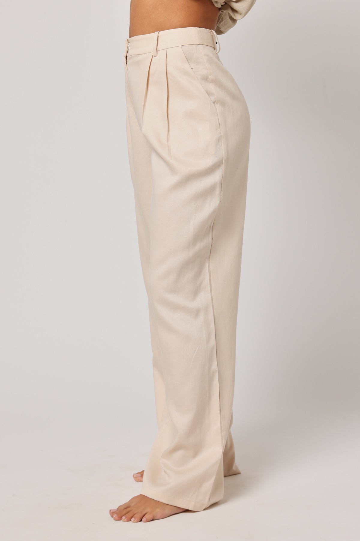 Beige Pleated Wide-Leg Trousers