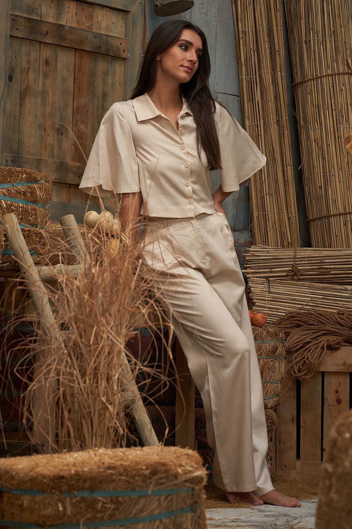 Buy Beige Pleated Wide-Leg Trousers by Ashita Fernandes for Women online at ScrollnShops