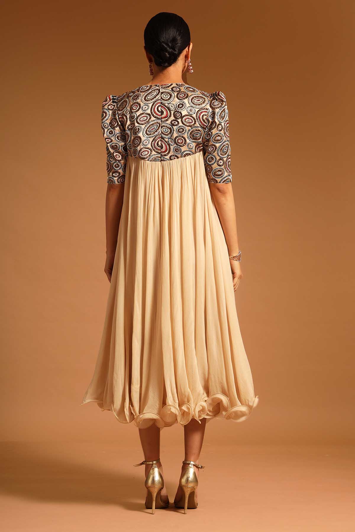 Beige Print Embroidered Dress