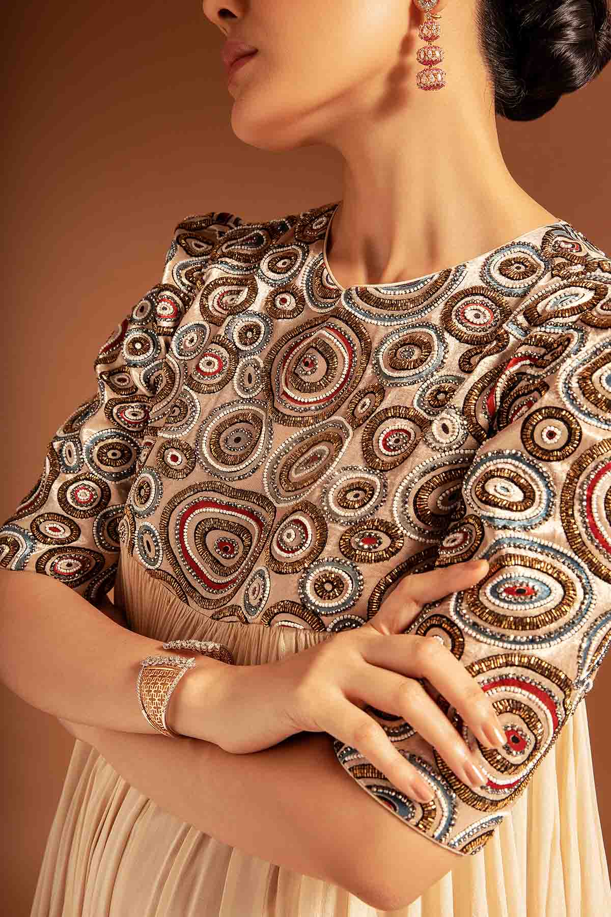 Beige Print Embroidered Dress