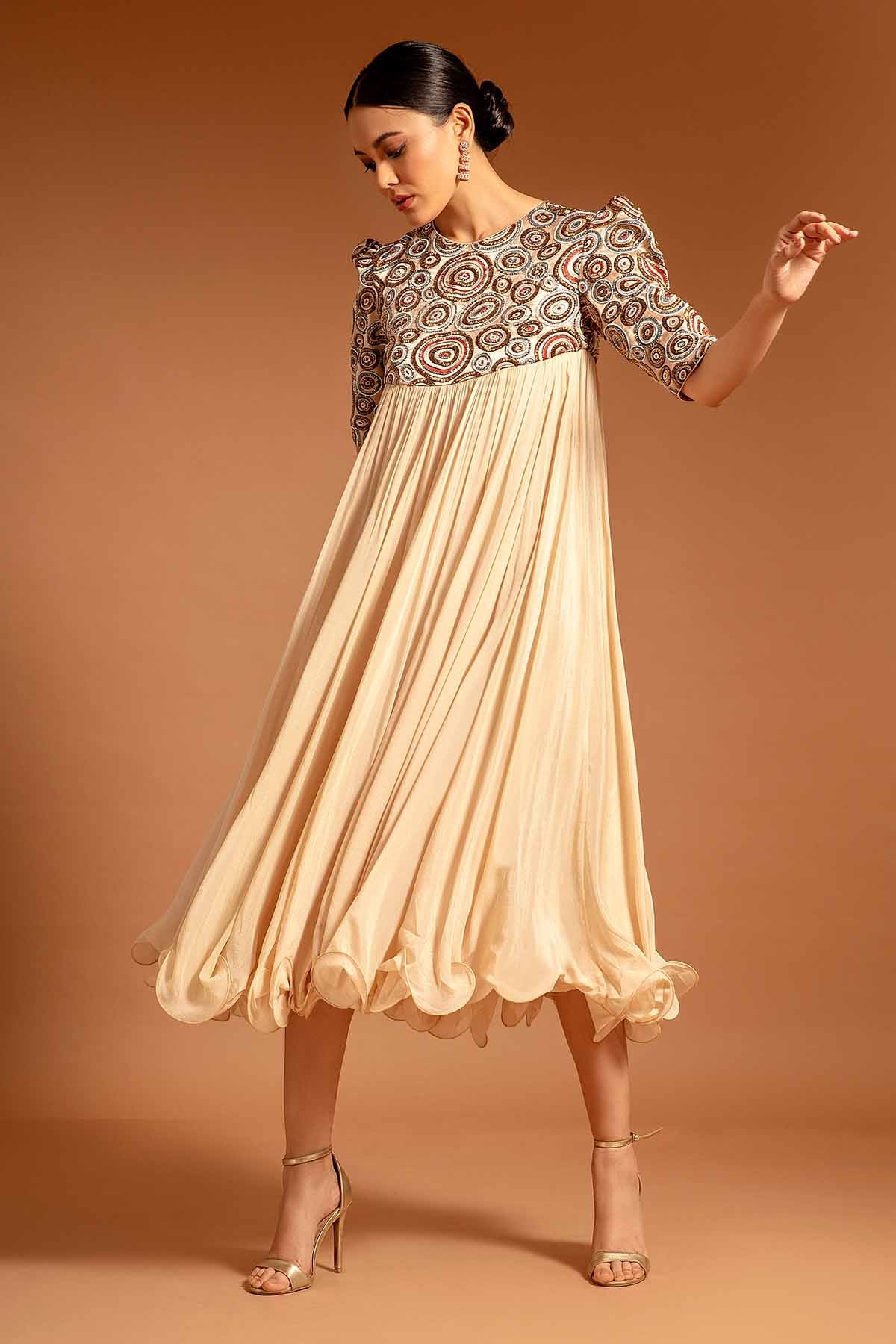 Beige Print Embroidered Dress