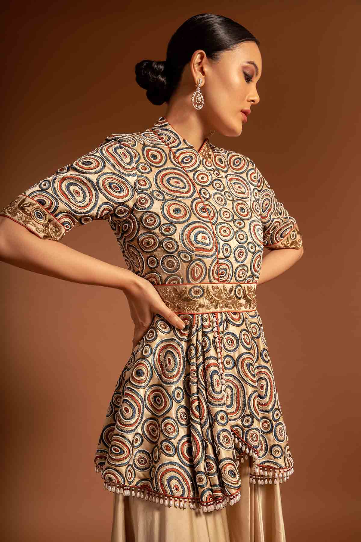 Beige Print Embroidered Jumpsuit