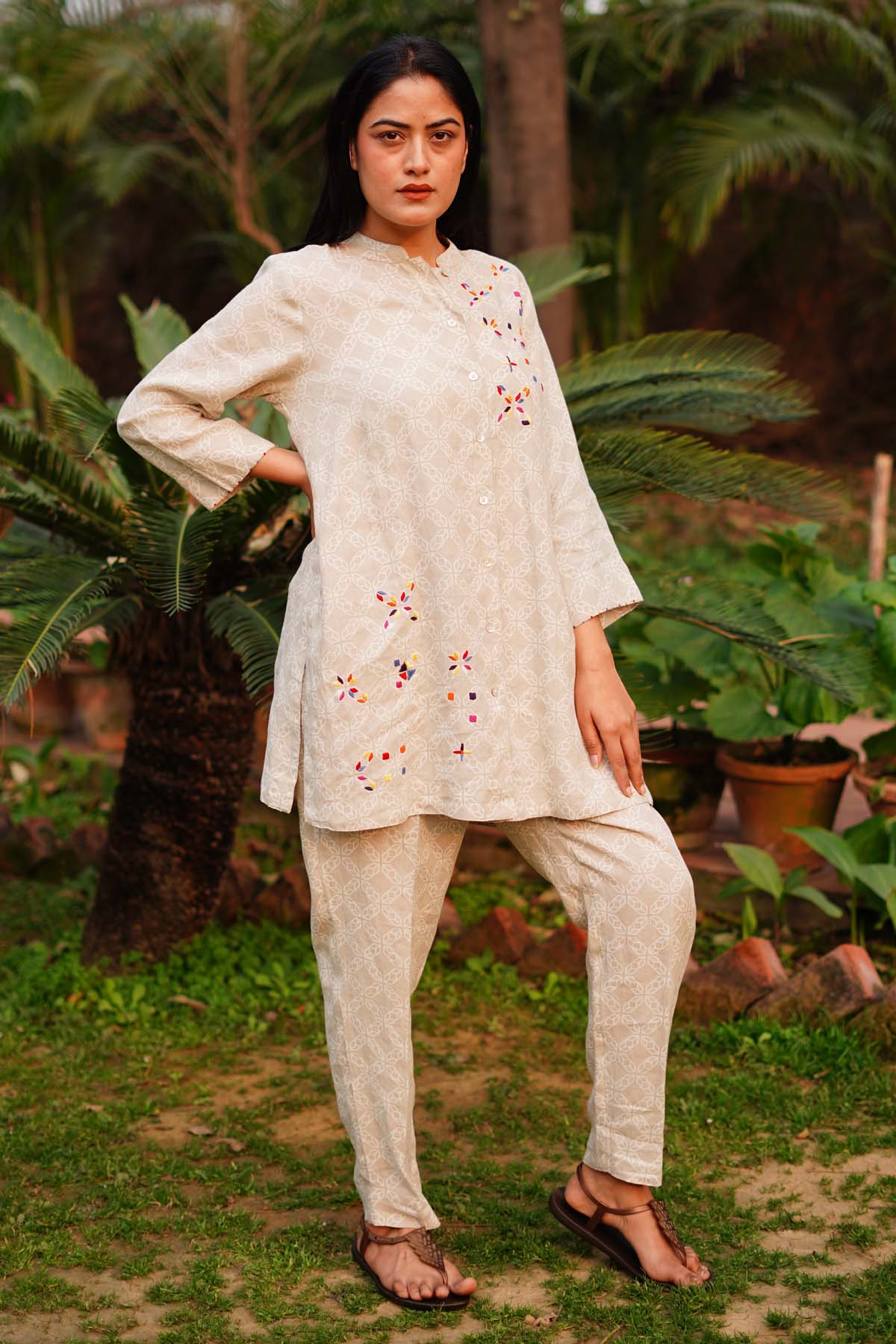 Designer Linen Bloom Beige Linen Shirt with Star Print & Embroidery For Women Online at ScrollnShops