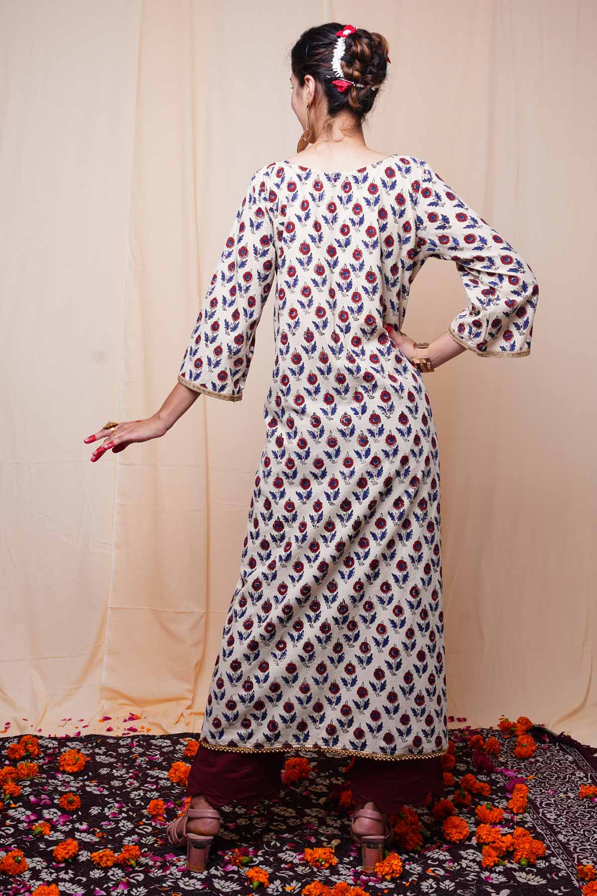 Beige Print Round Neck Kurta Set