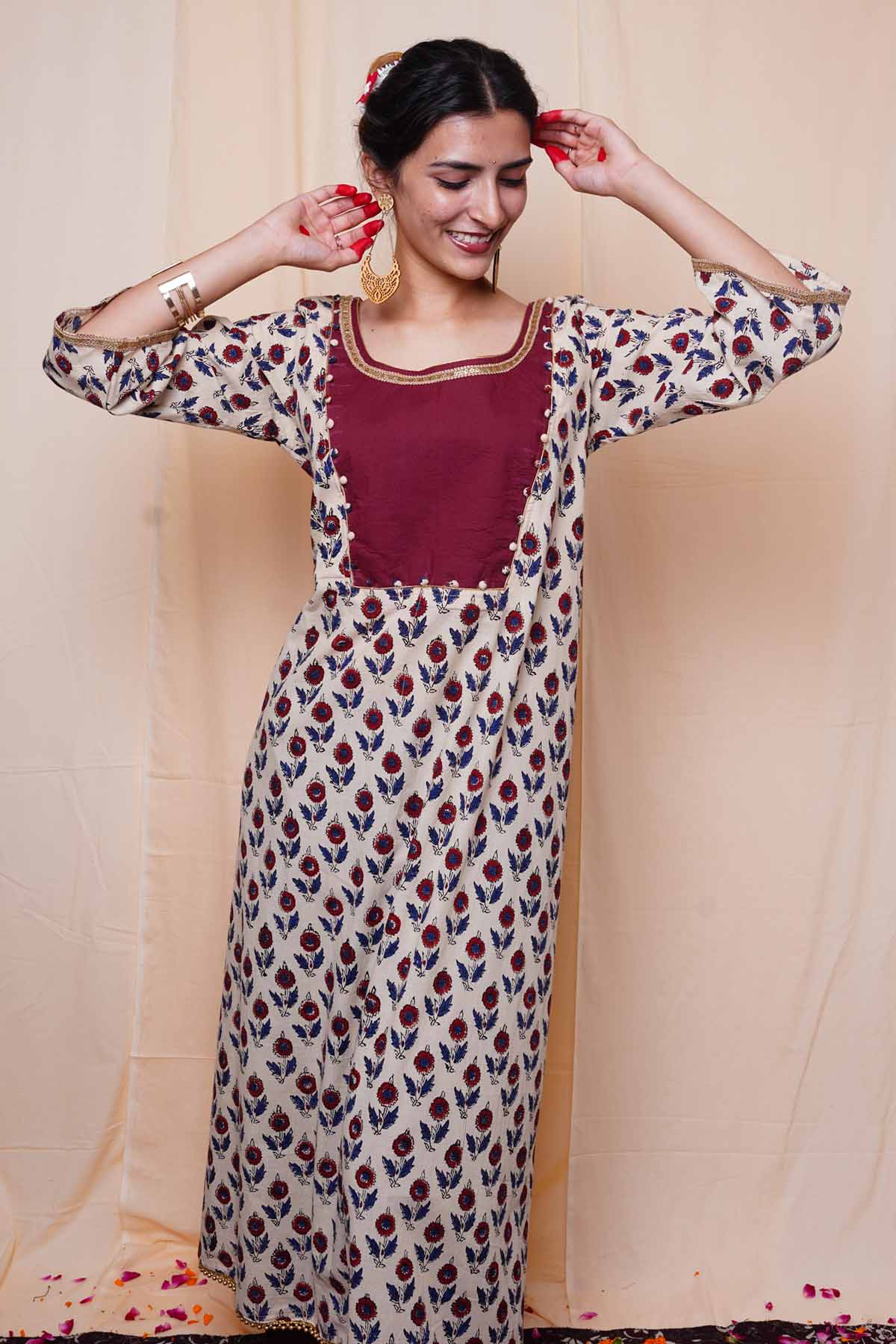 Beige Print Round Neck Kurta Set