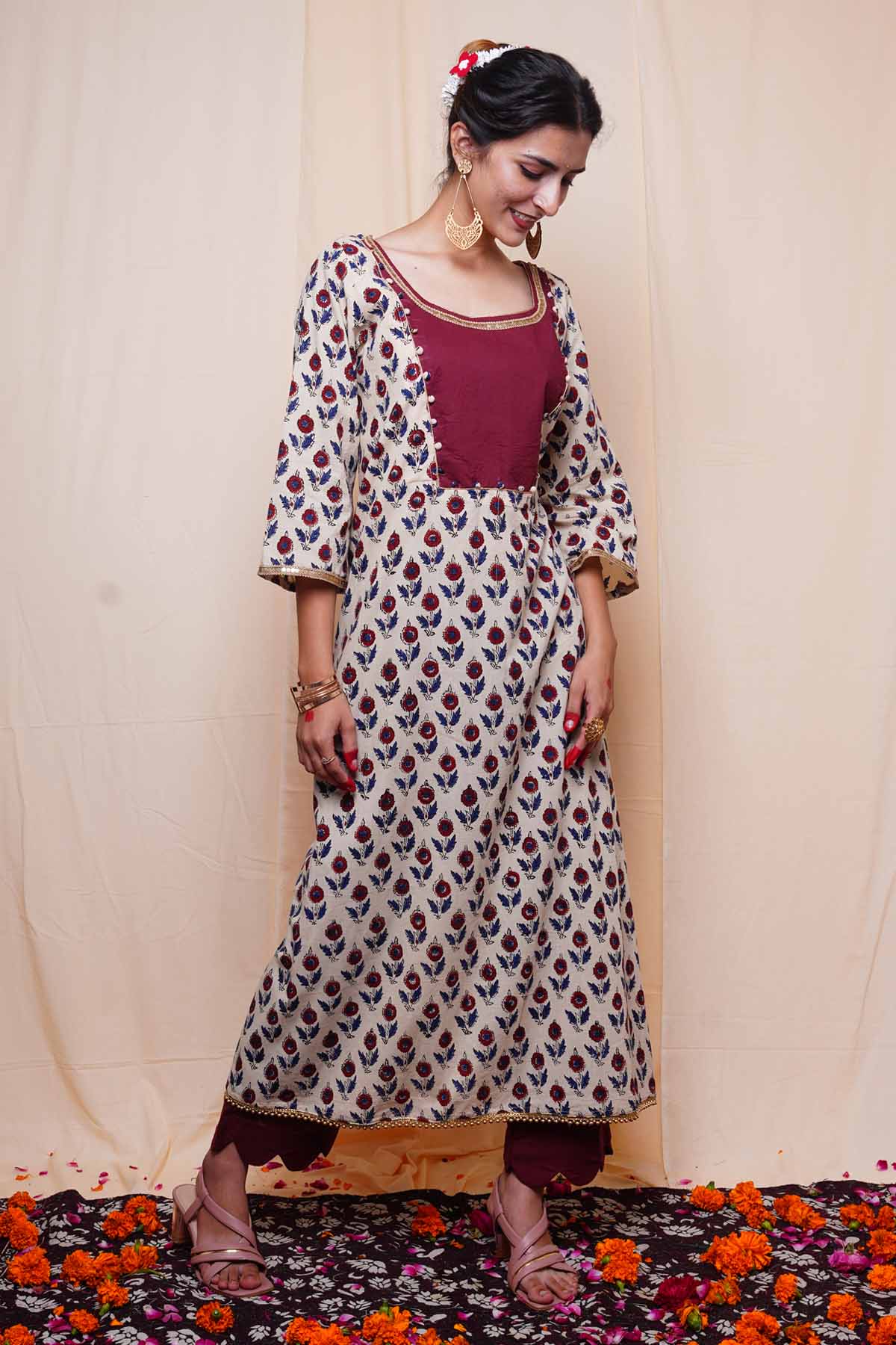 Beige Print Round Neck Kurta Set