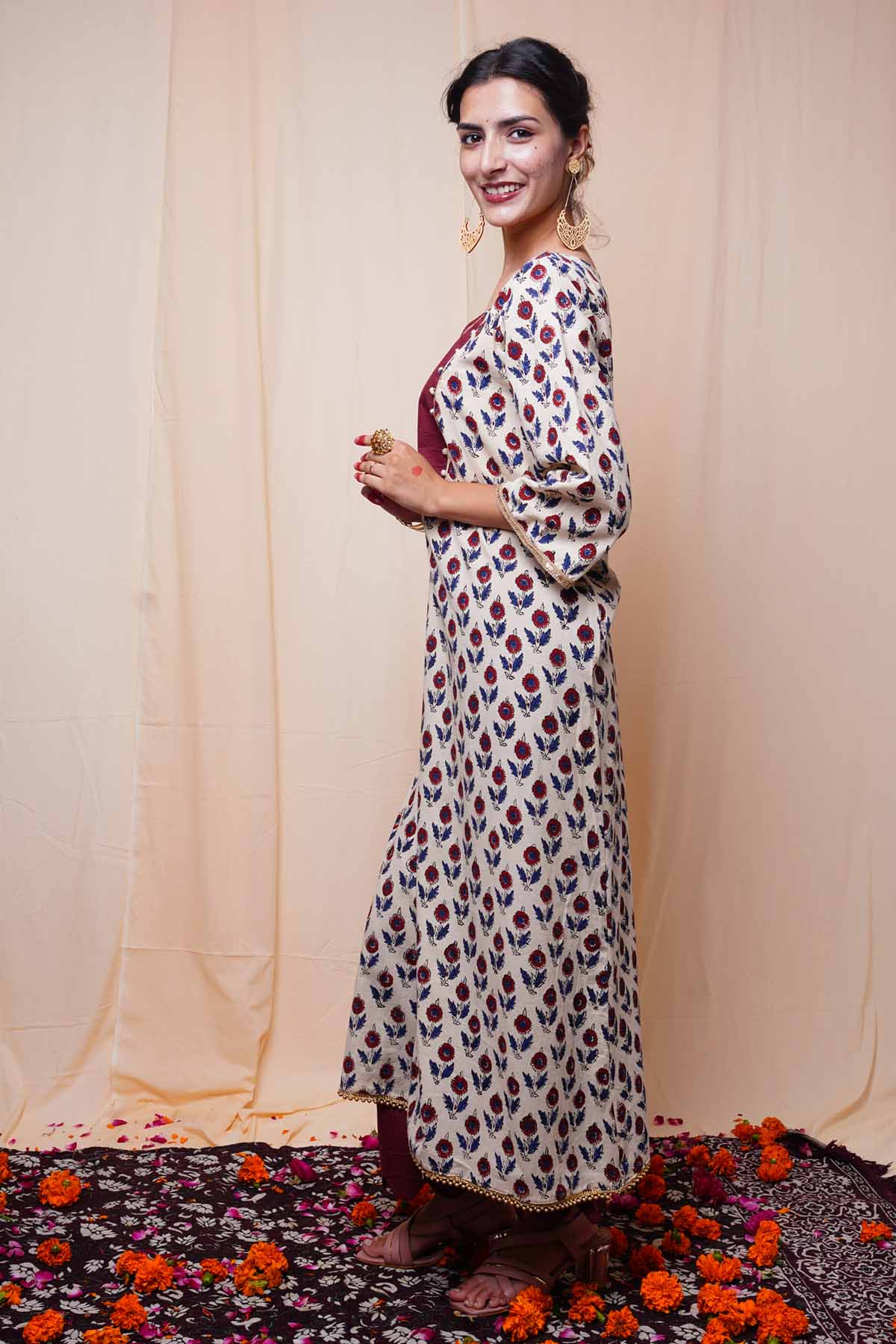 Beige Print Round Neck Kurta Set