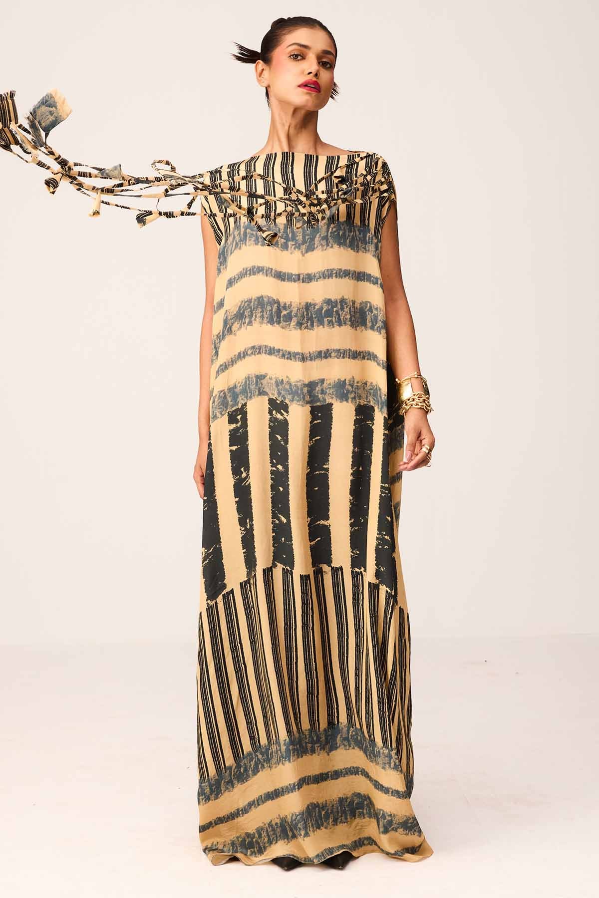 Beige Printed A-Line Maxi Dress