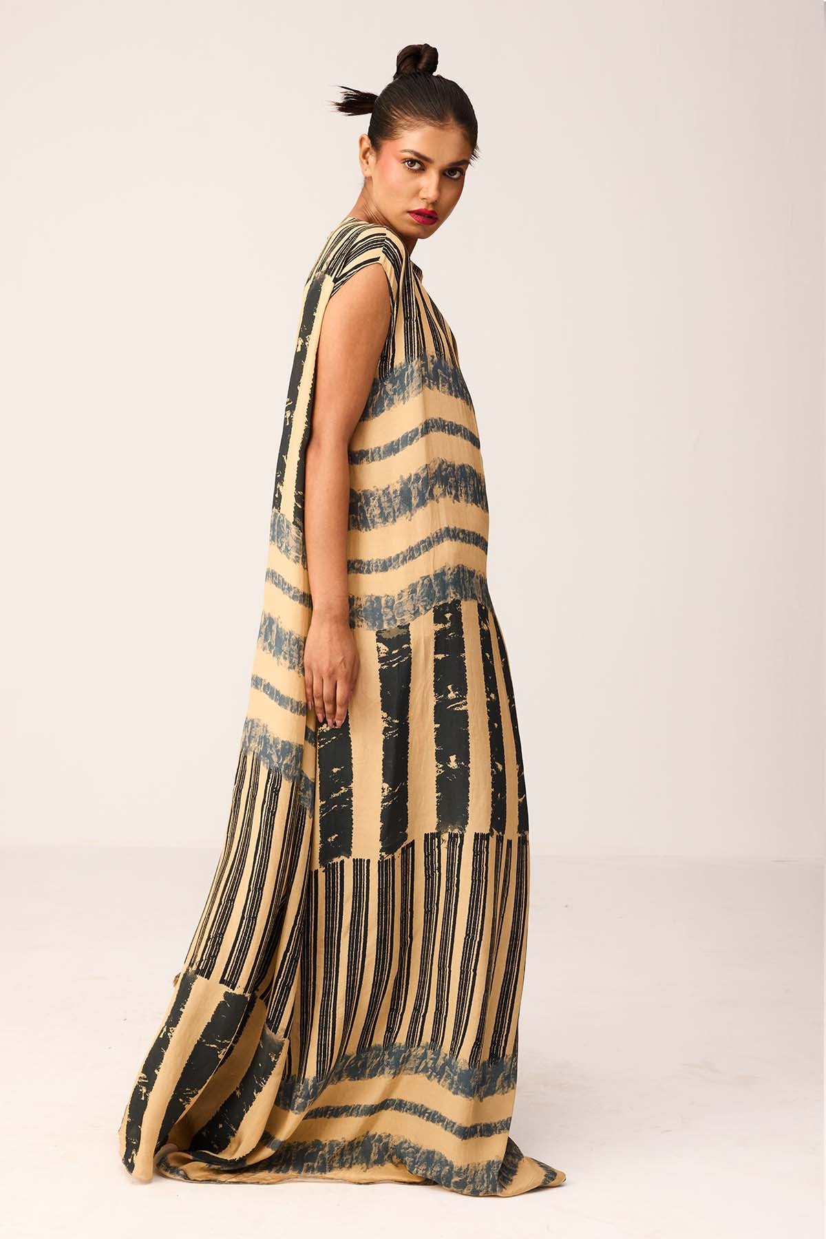 Beige Printed A-Line Maxi Dress