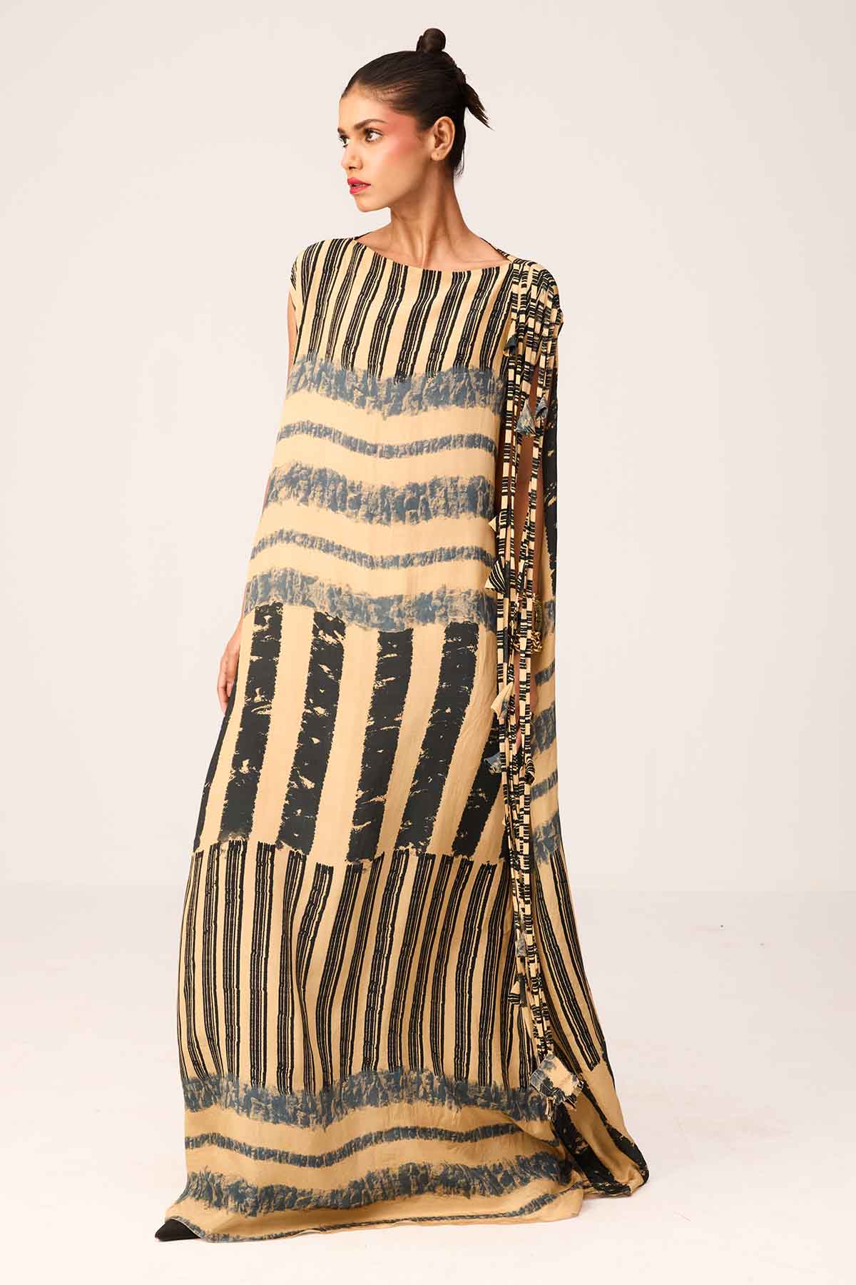 Beige Printed A-Line Maxi Dress
