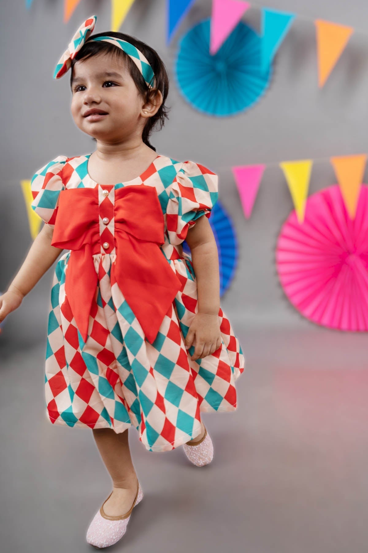 Little Brats Beige Printed Bow Midi dress for girl online at ScrollnShops