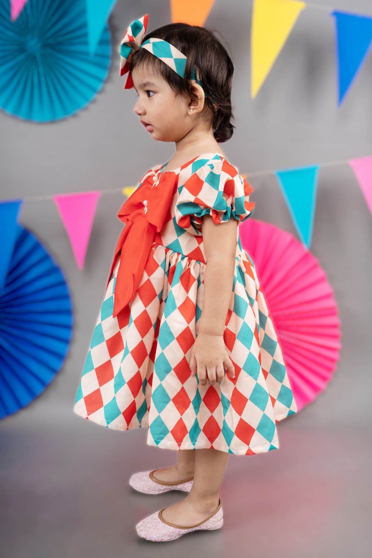 Beige Printed Bow Midi dress