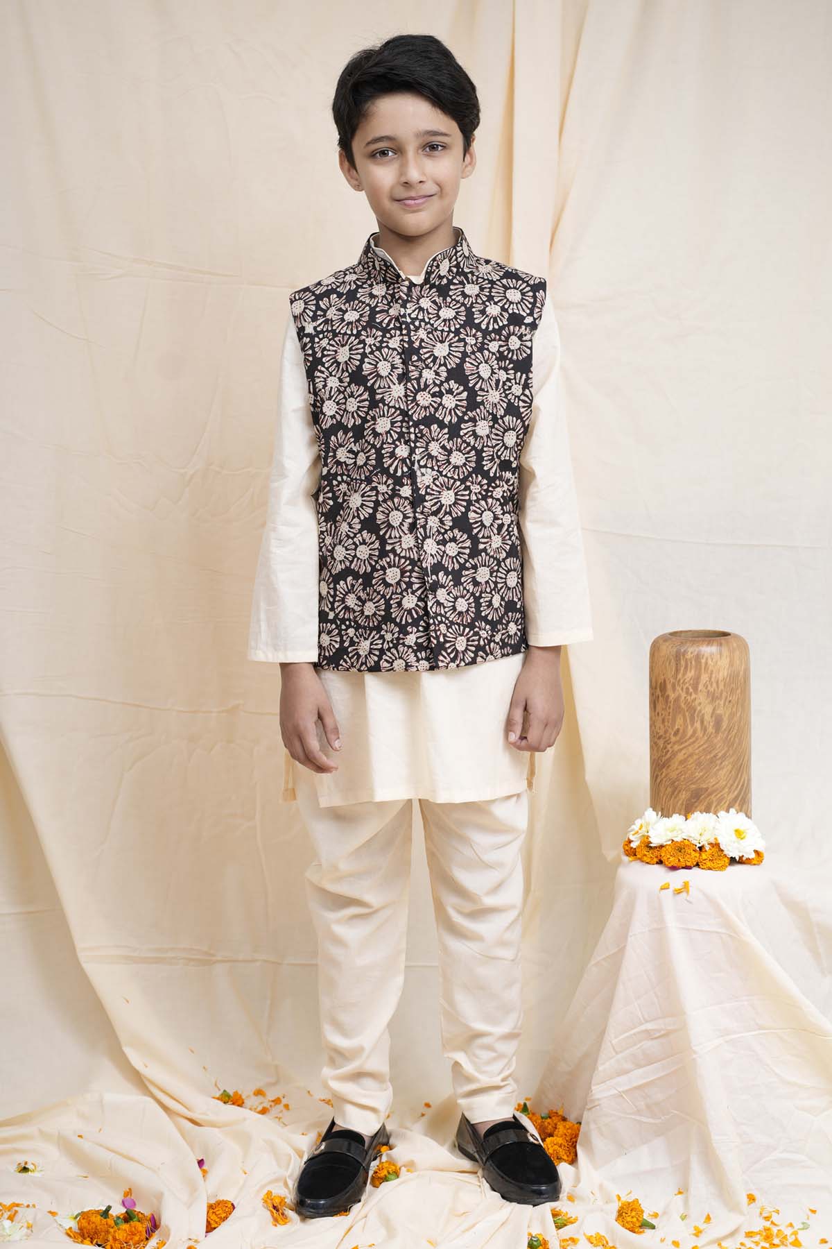 Charu Bhaskar - Kids Beige Printed Nehru Jacket Set for boy online at ScrollnShops