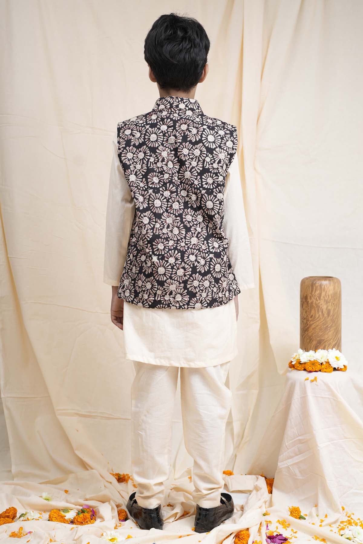 Beige Printed Nehru Jacket Set