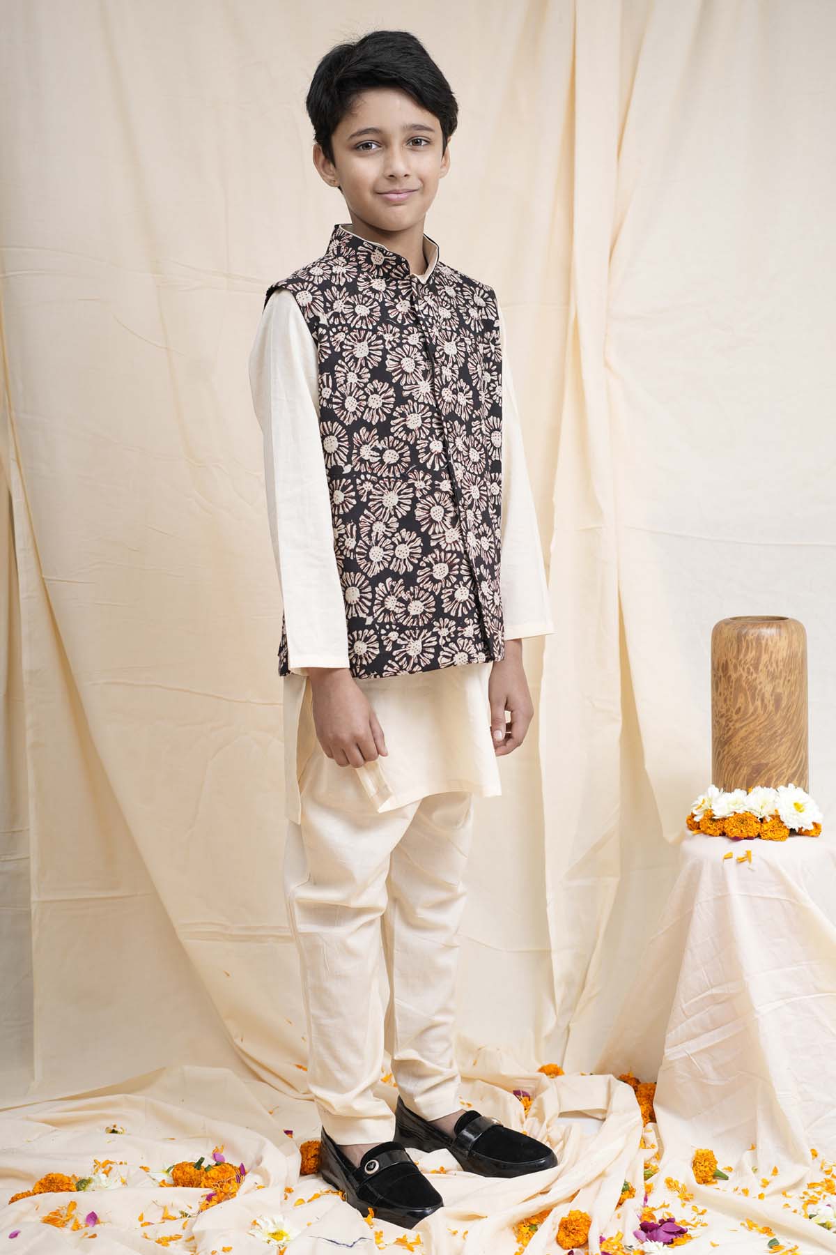 Beige Printed Nehru Jacket Set