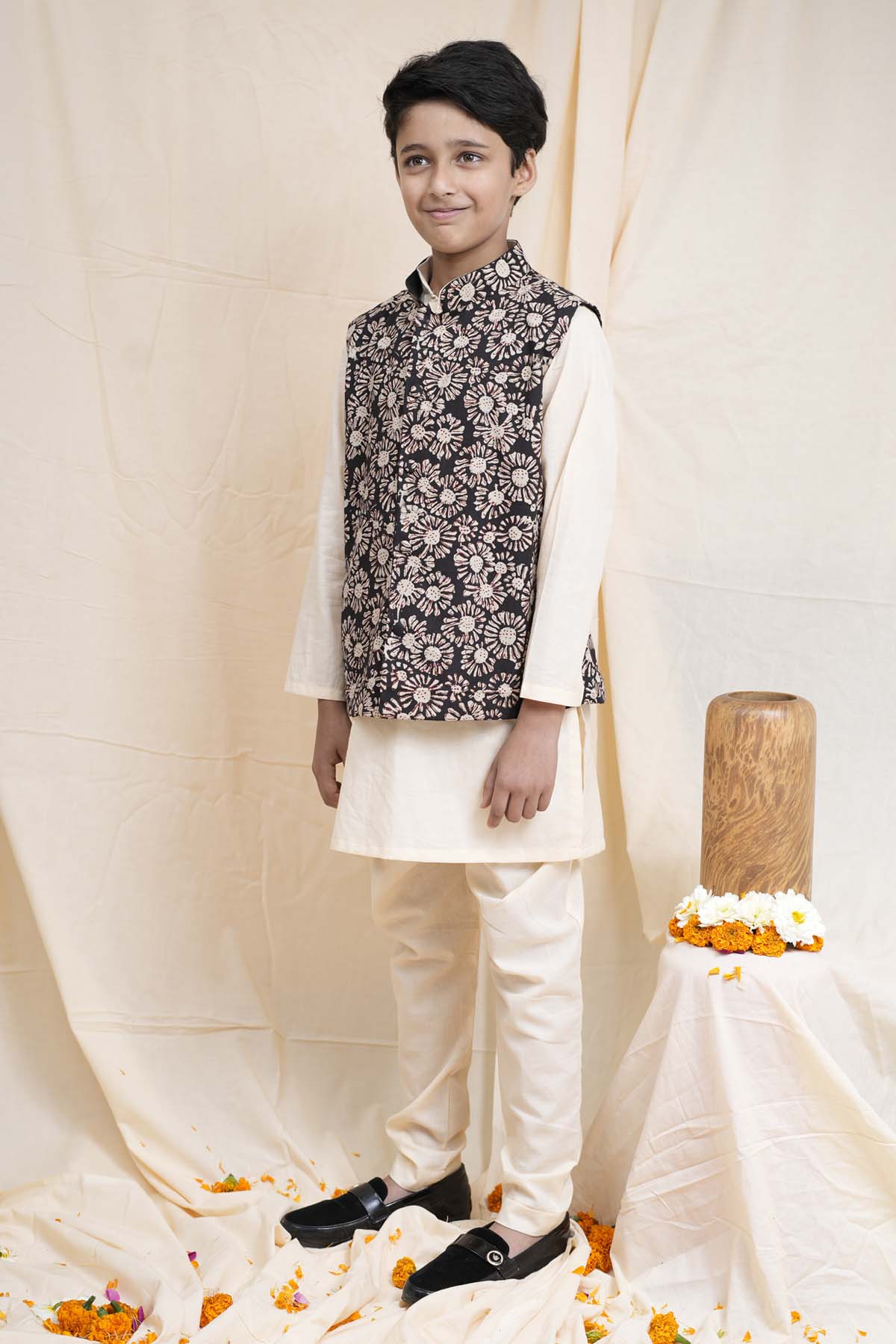 Beige Printed Nehru Jacket Set
