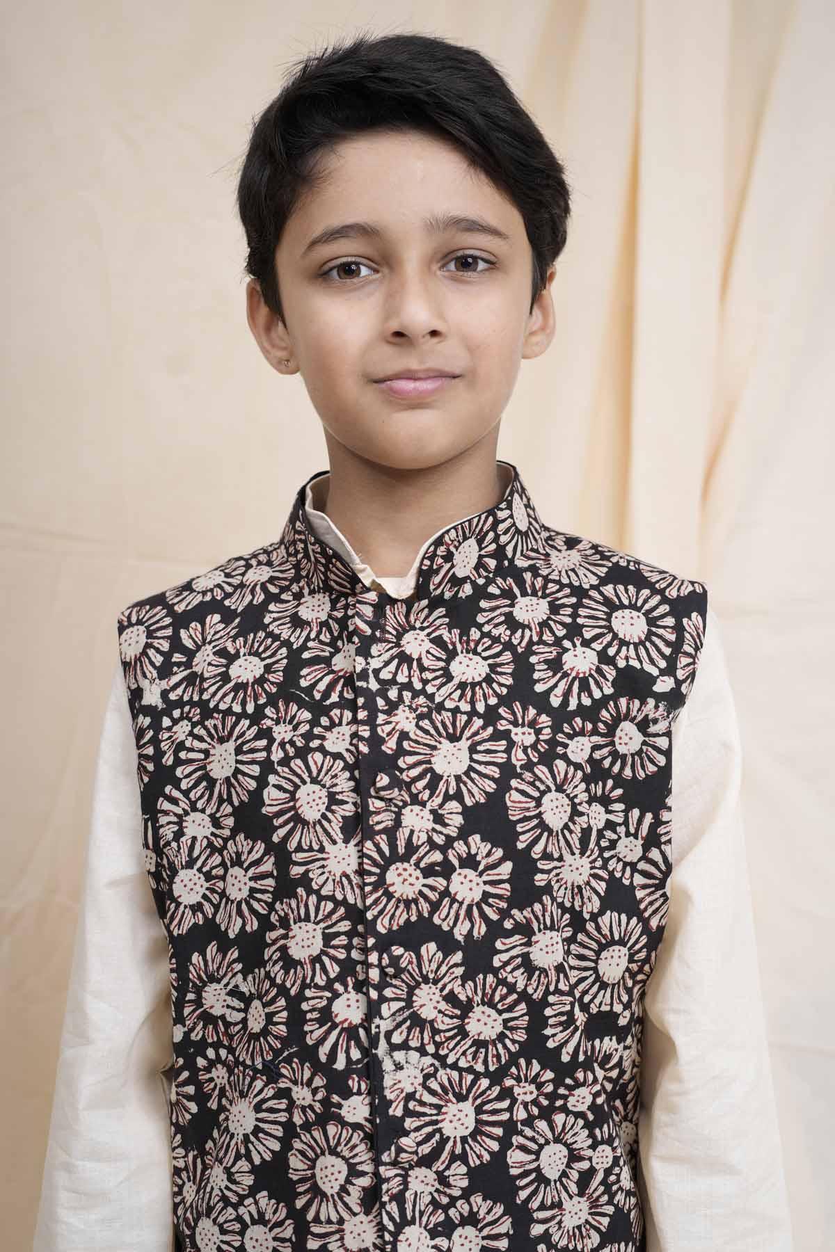 Beige Printed Nehru Jacket Set