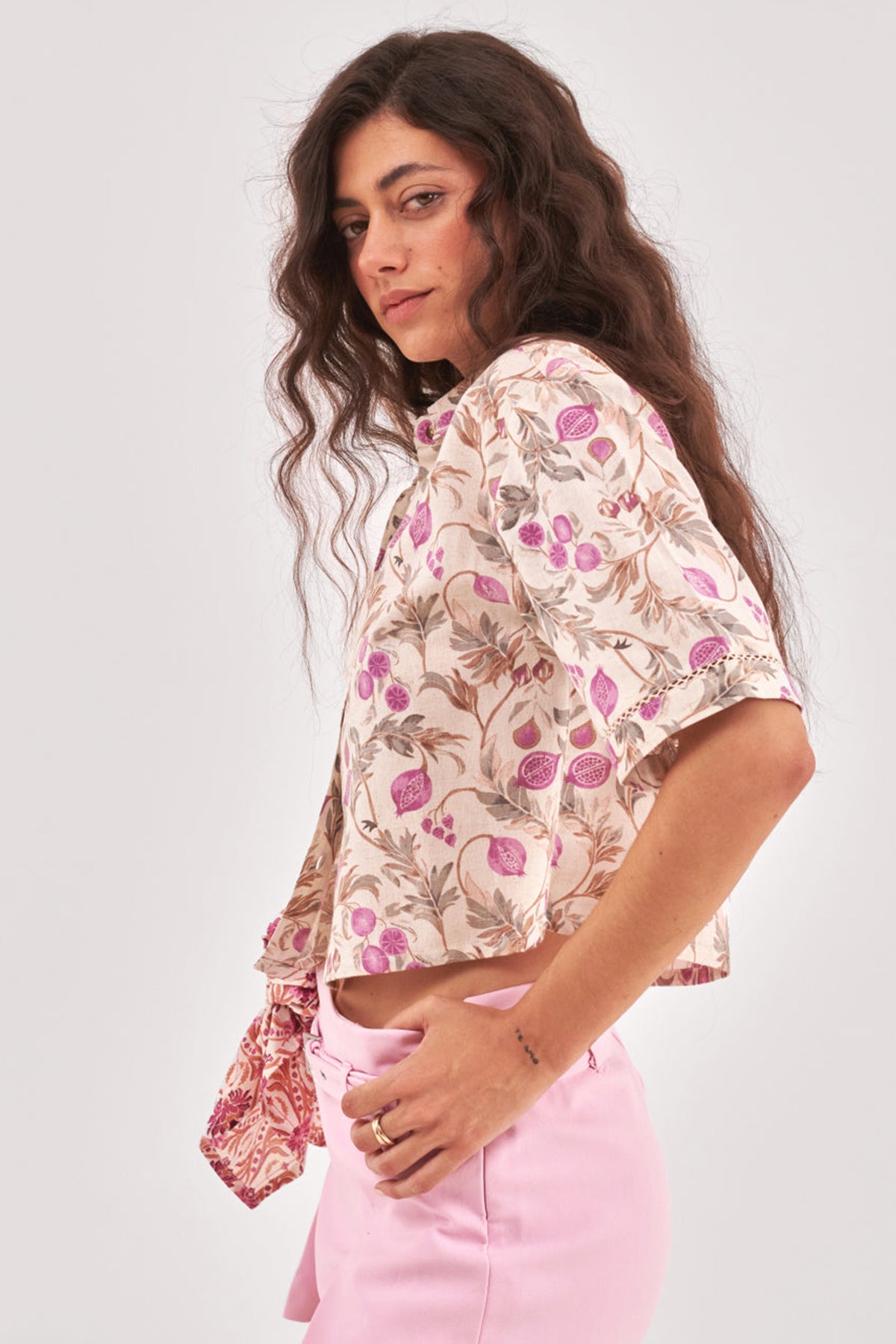 Beige Printed Opaque Crop Top