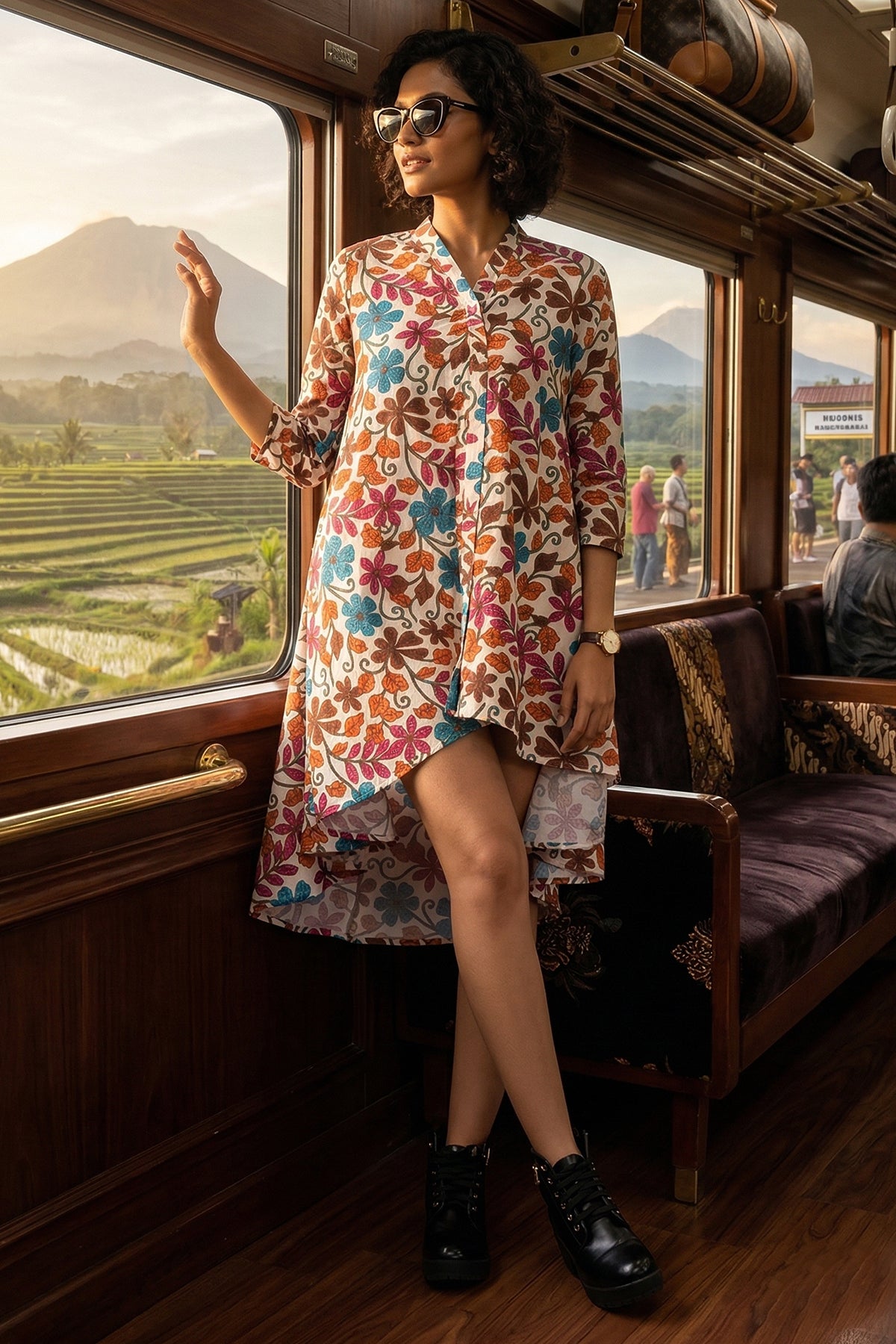 Beige Printed Oversized Dress