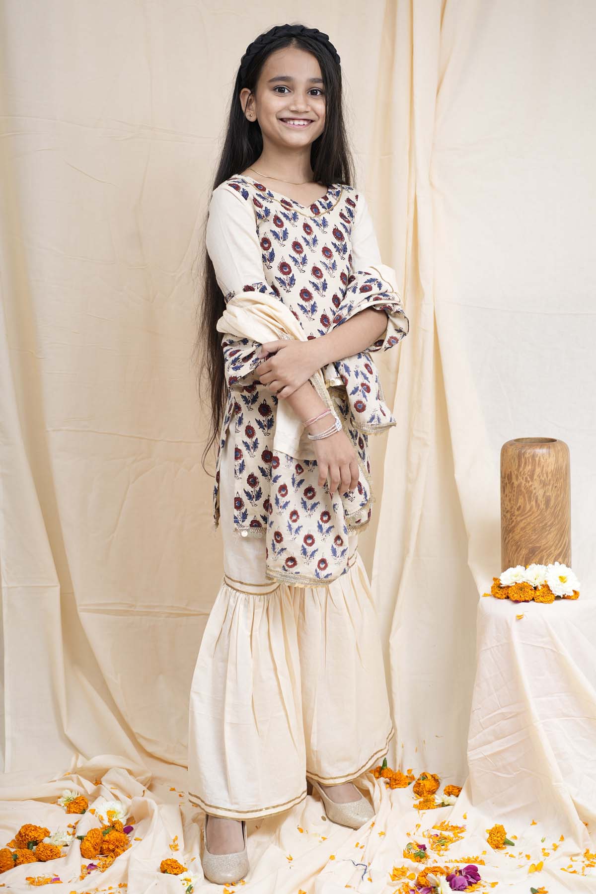 Beige Printed Short Kurta Set