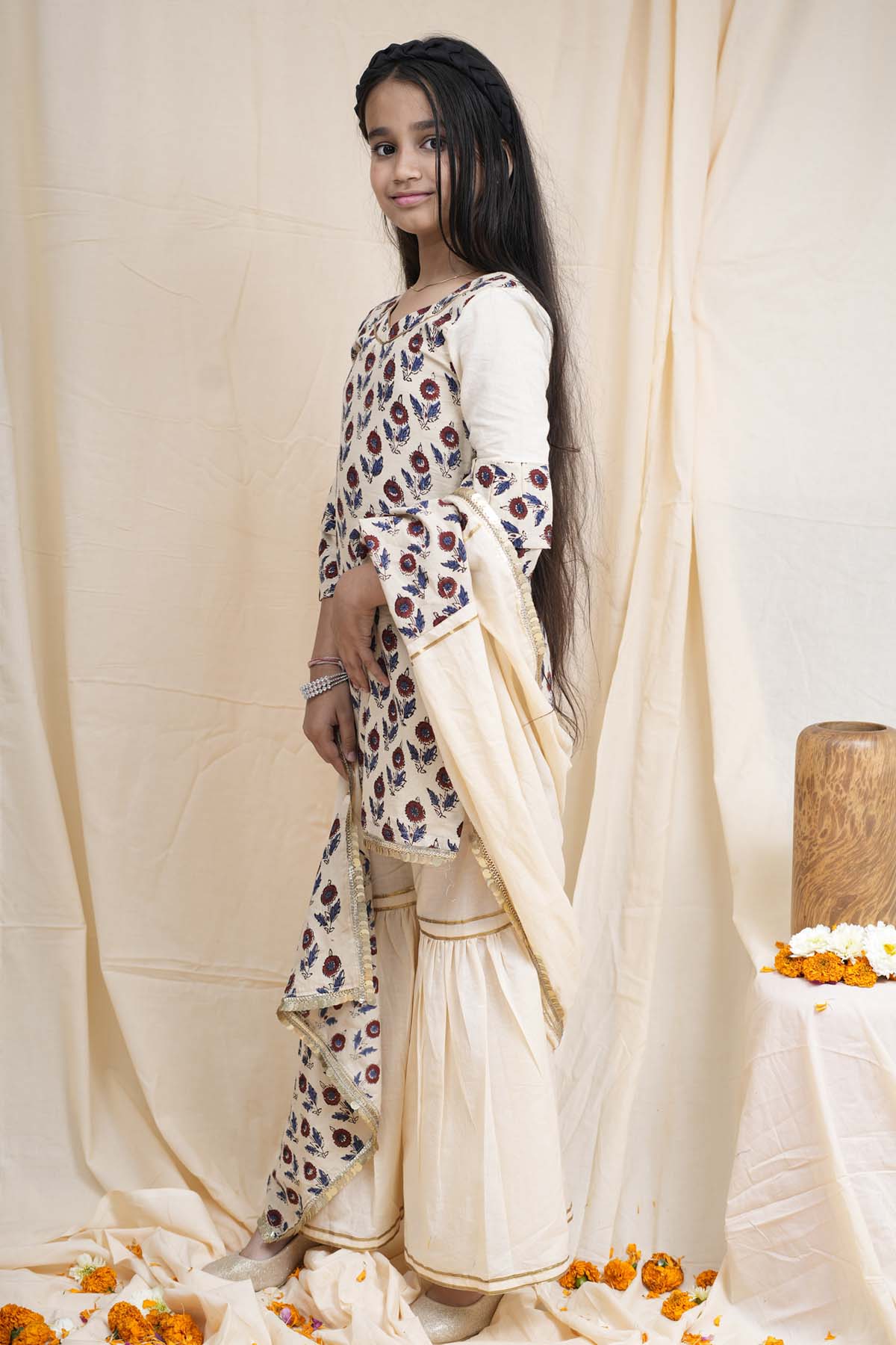 Beige Printed Short Kurta Set