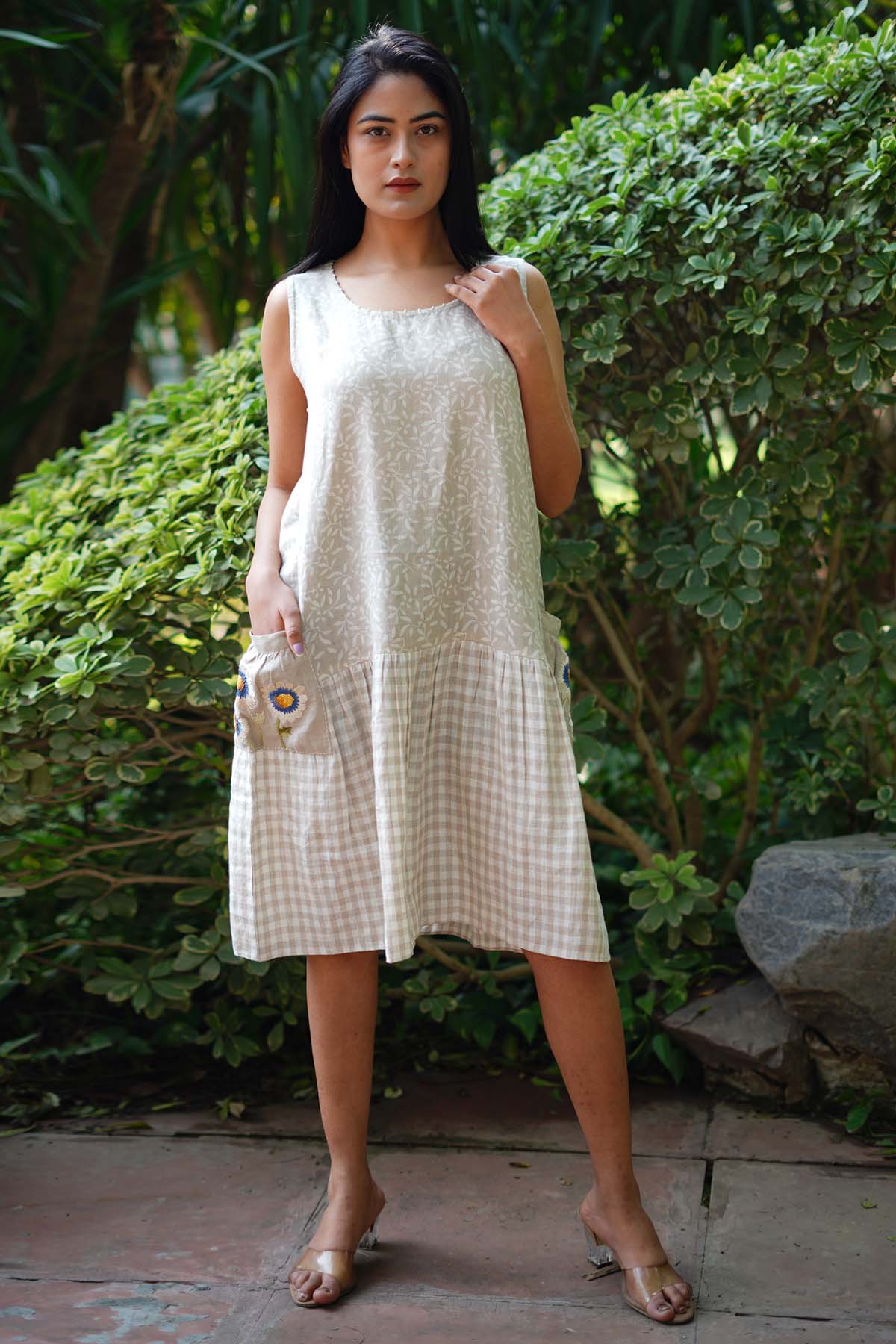 Buy Designer Beige Pure Linen Printed Dress Online