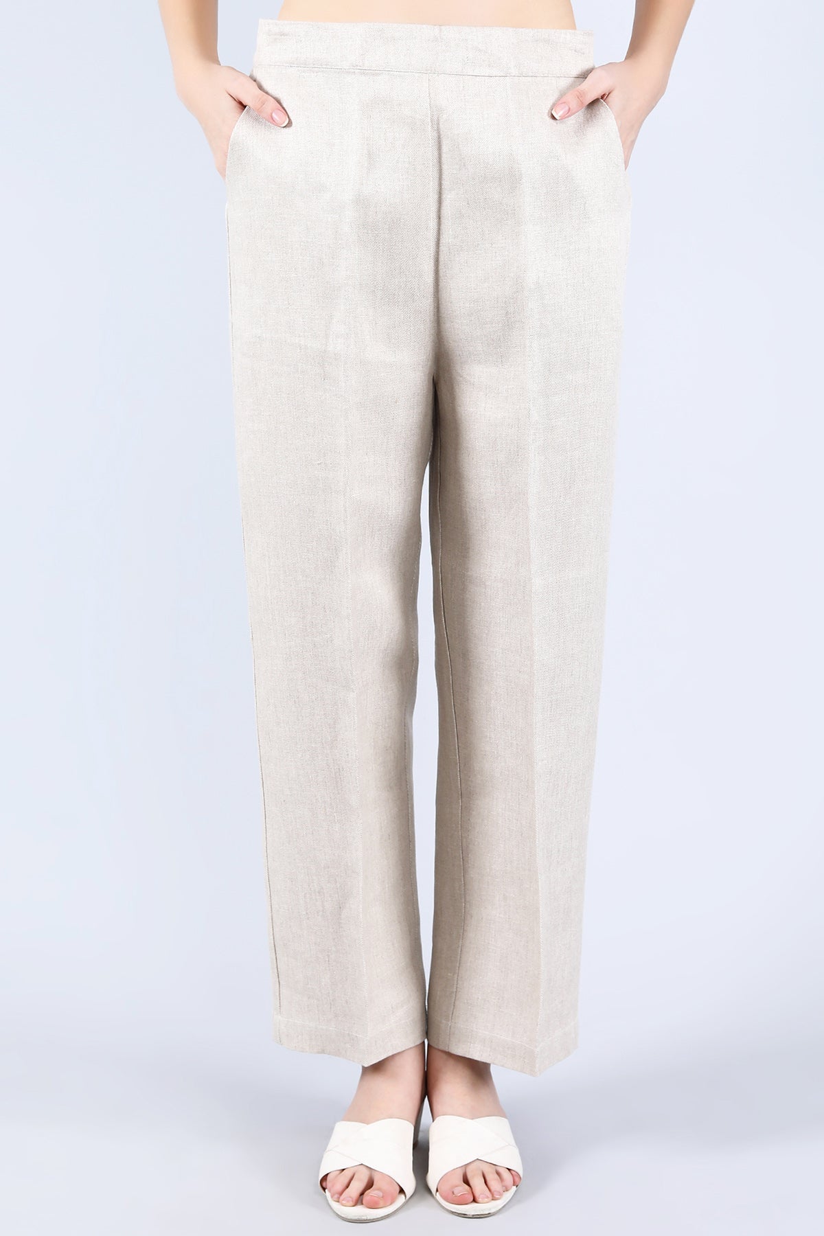 Buy Linen Bloom Beige Pure Linen Twill Pants for women online available at ScrollnShops