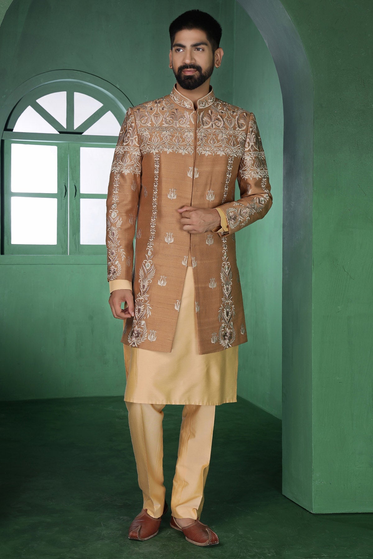 Buy Beige Raw Silk Kurta & Pants for Men by Designer Harshita Dhanawat available online at ScrollnShops