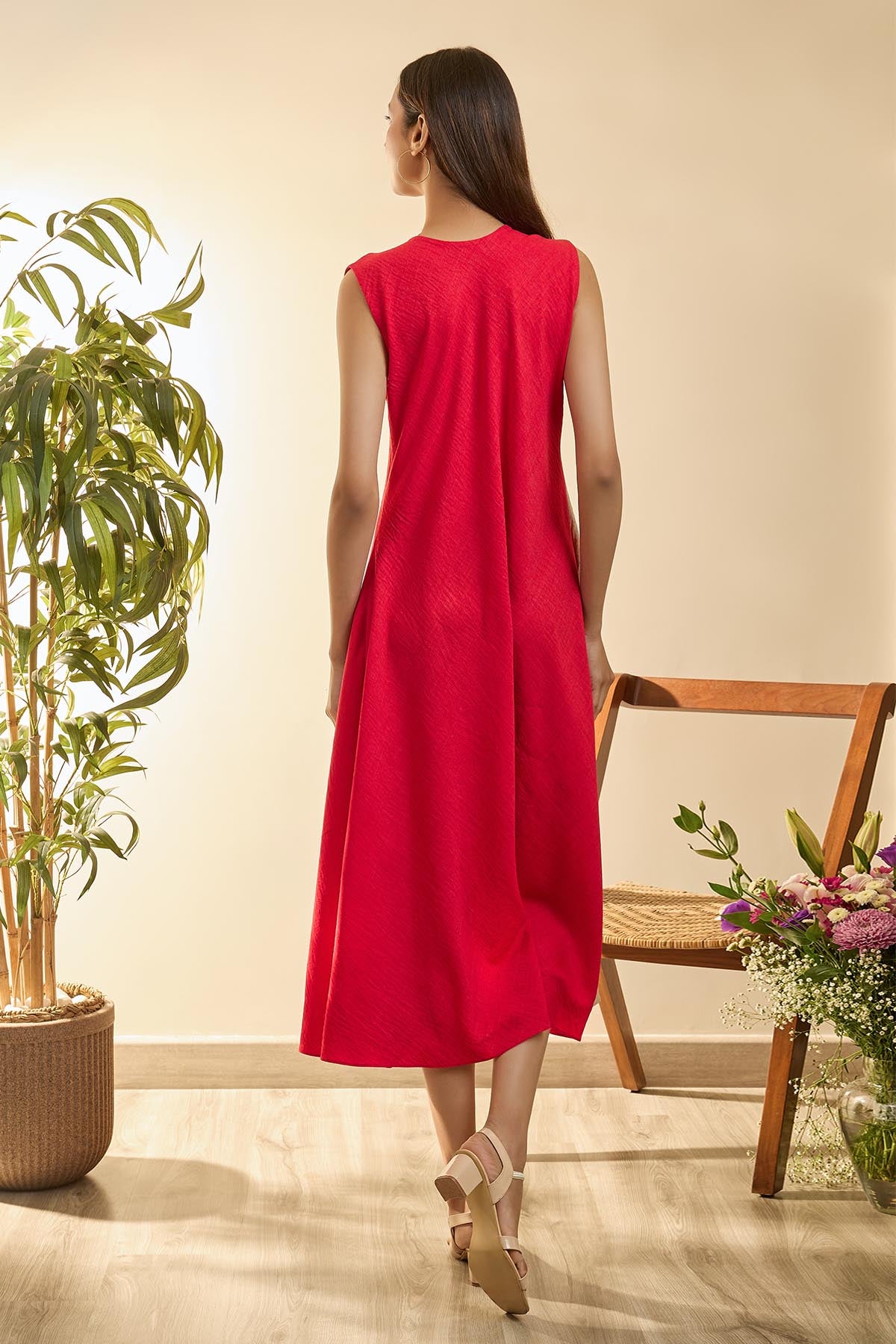 Beige & Red High-Low Midi Dress