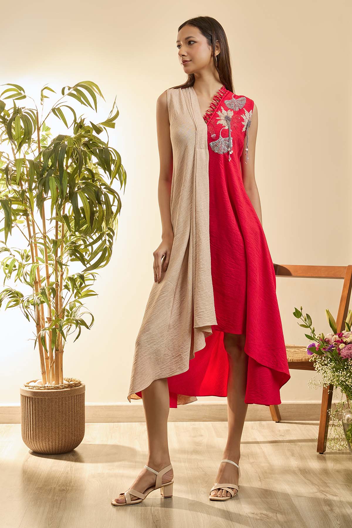 Buy Beige & Red High-Low Midi Dress by Babita Malkhani for women online at ScrollnShops