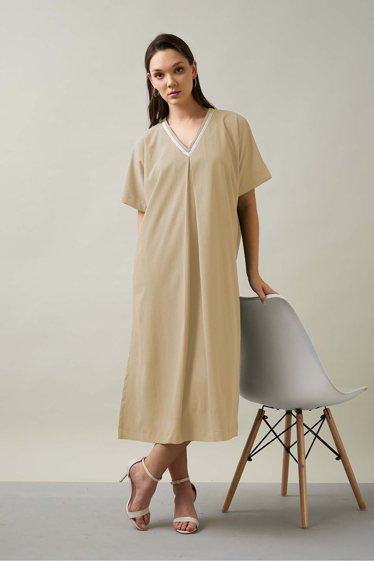 Buy Beige Relaxed Fit Midi Dress for Women by SNEHA B Designer online available at scrollnshops