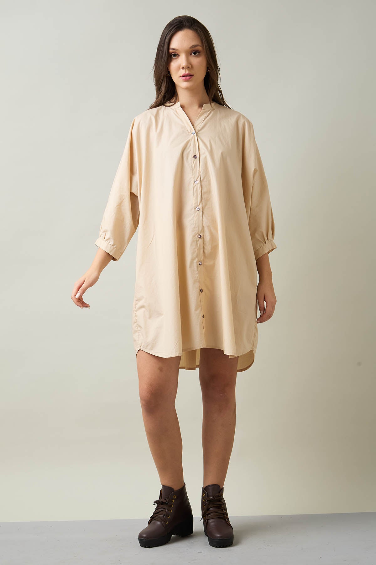 Buy Beige Relaxed Shirt Style Dress for Women by SNEHA B Designer online available at scrollnshops