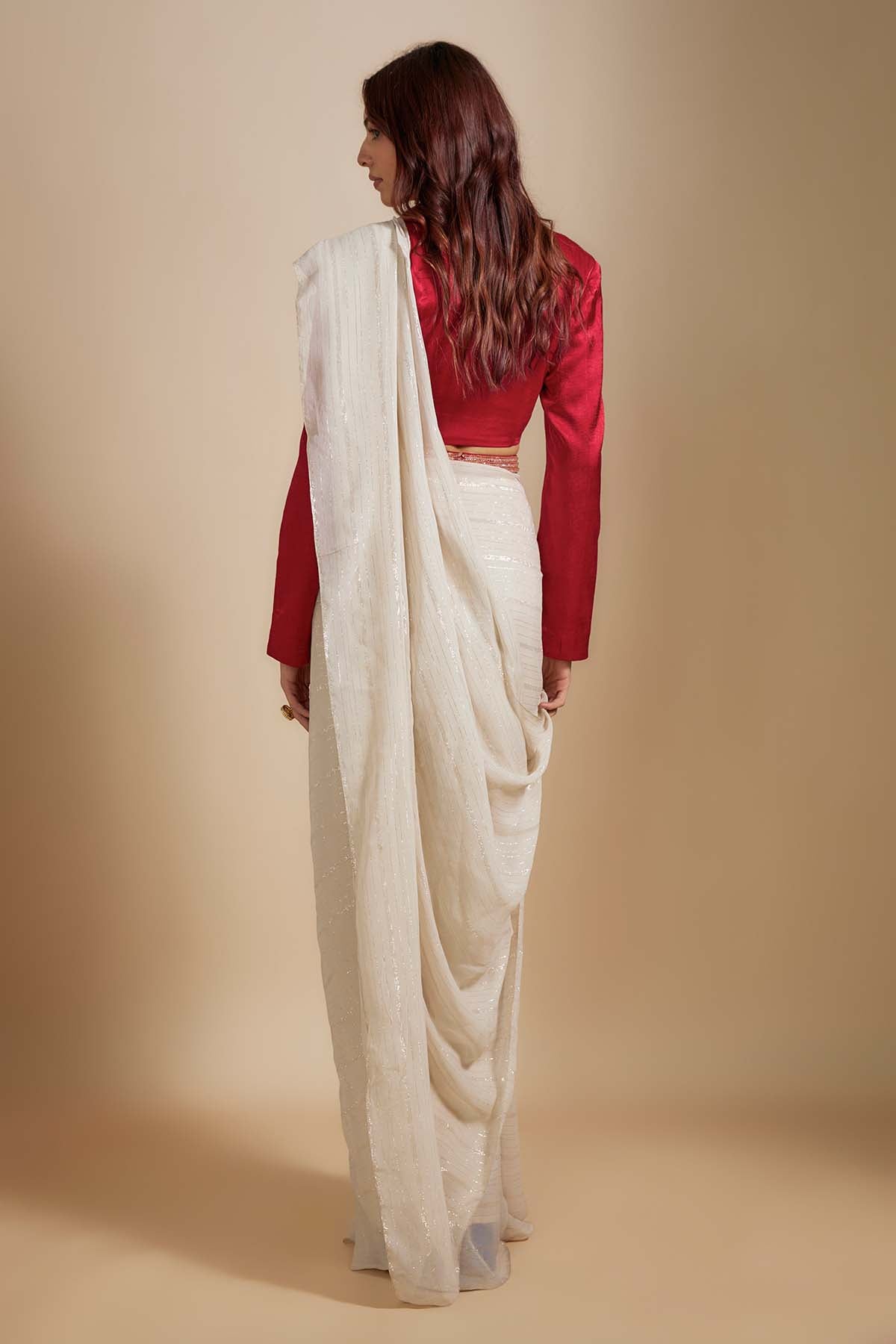 Beige Saree & Embroidered Belt