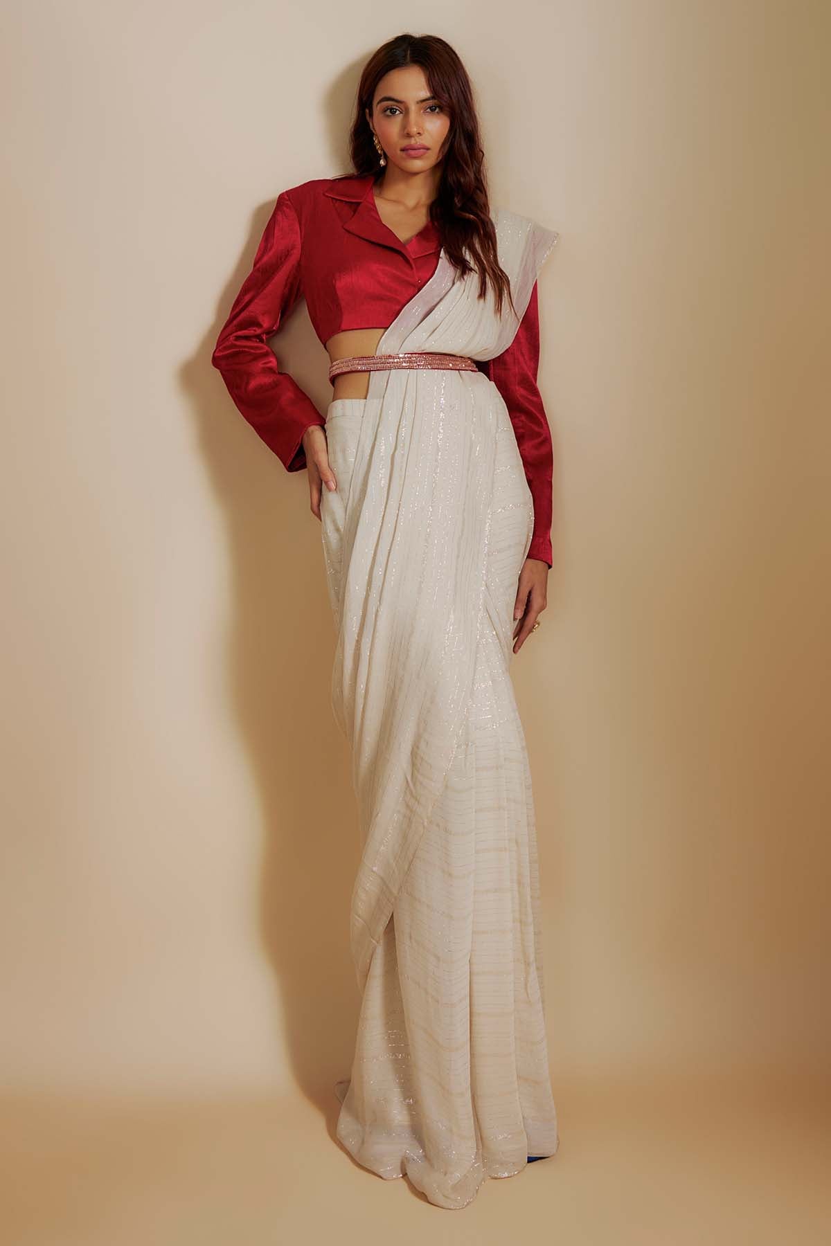 Beige Saree & Embroidered Belt