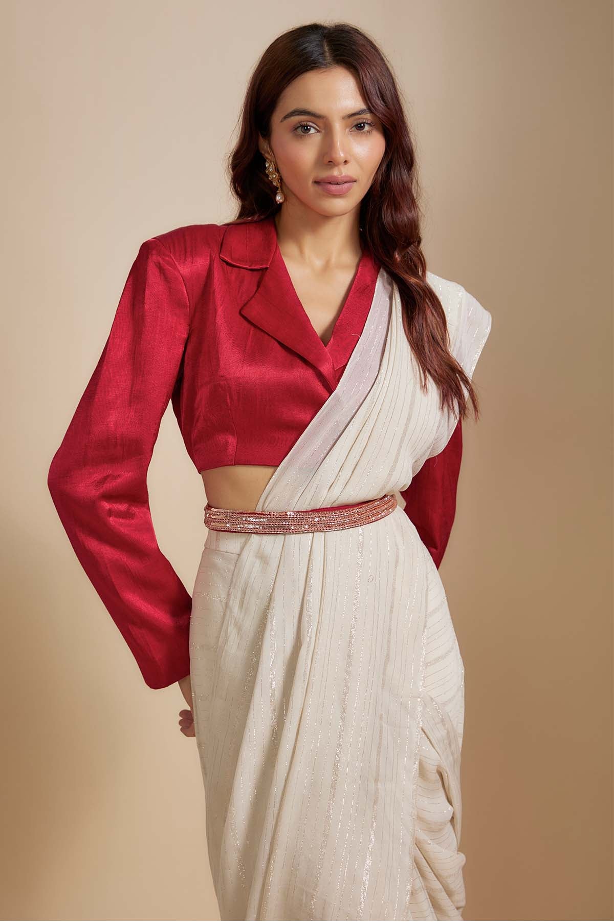 Beige Saree & Embroidered Belt