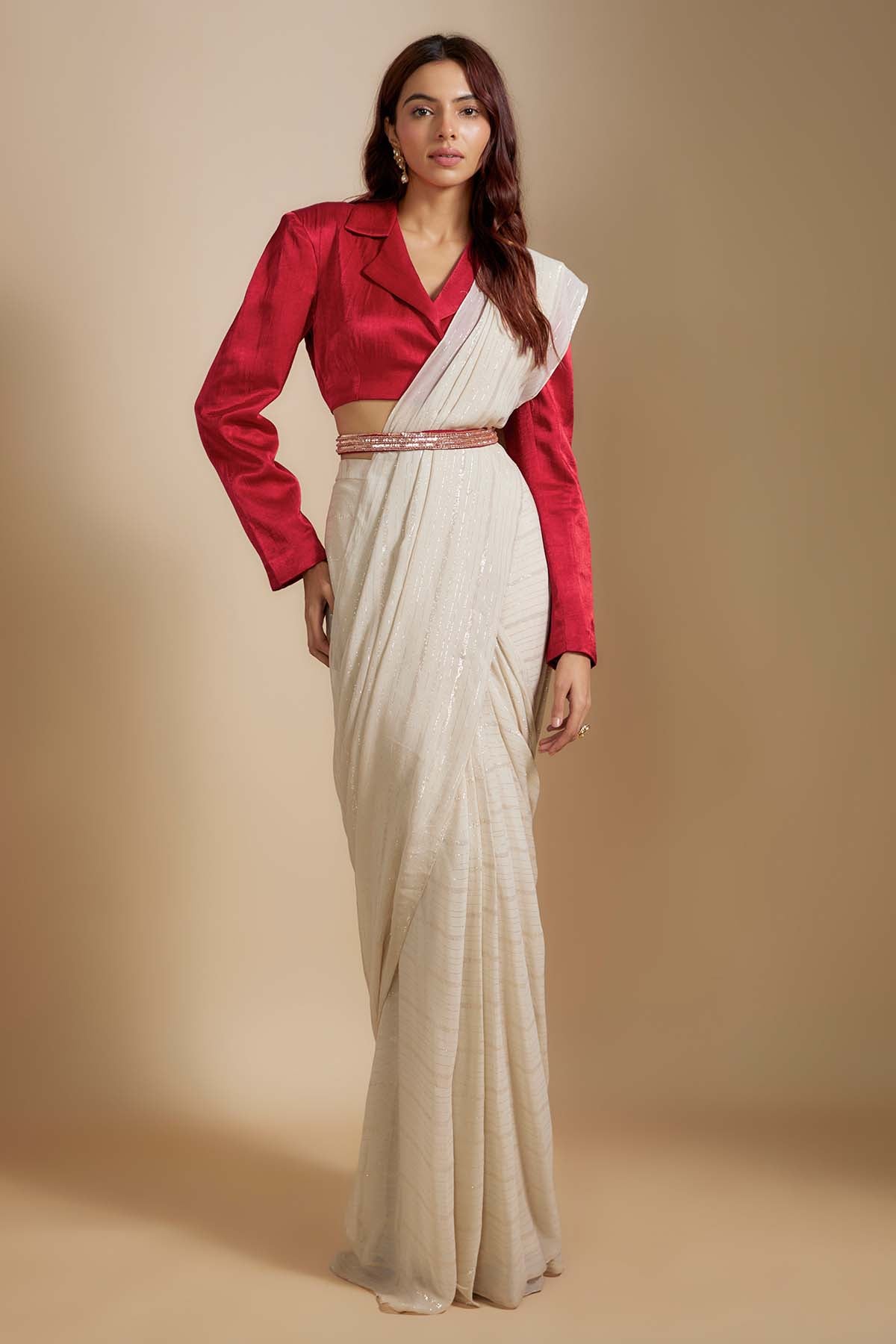 Buy Beige Saree & Embroidered Belt by Masumi Mewawalla for women online at ScrollnShops